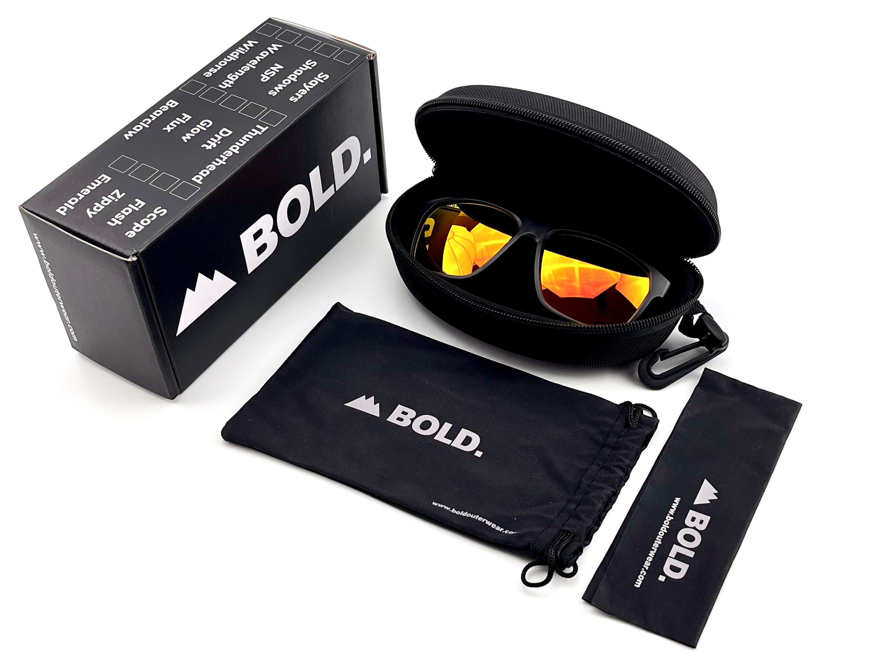 Boldouterwear BOLD Thunderhead performance sunglasses with sleek black frames and polarized lenses for MTB, ski, and lifestyle use.