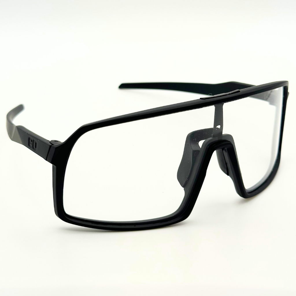 Photochromic mountain bike sunglasses by Eastern Outer, showing inside angle of Kamas sunglasses with adjustable arms and tinted lenses.