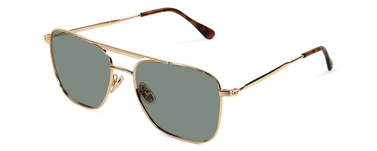 Largo gold sunglasses by Benny's Eyewear with green tinted lenses, angled view showcasing stylish frame design.