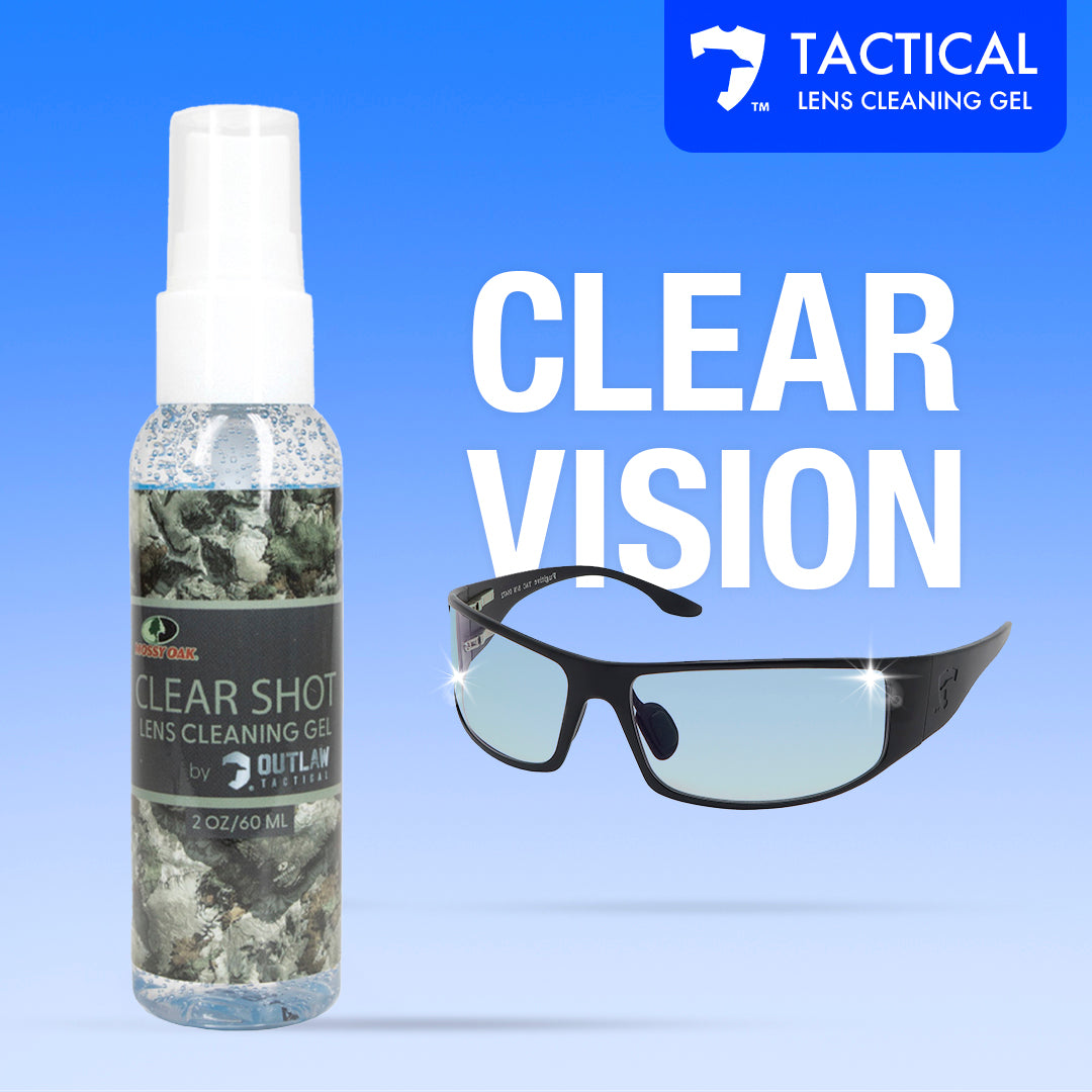 OutLaw Eyewear Mossy Oak ClearShot lens cleaner spray and anti-fog solution, shown in infographic format.