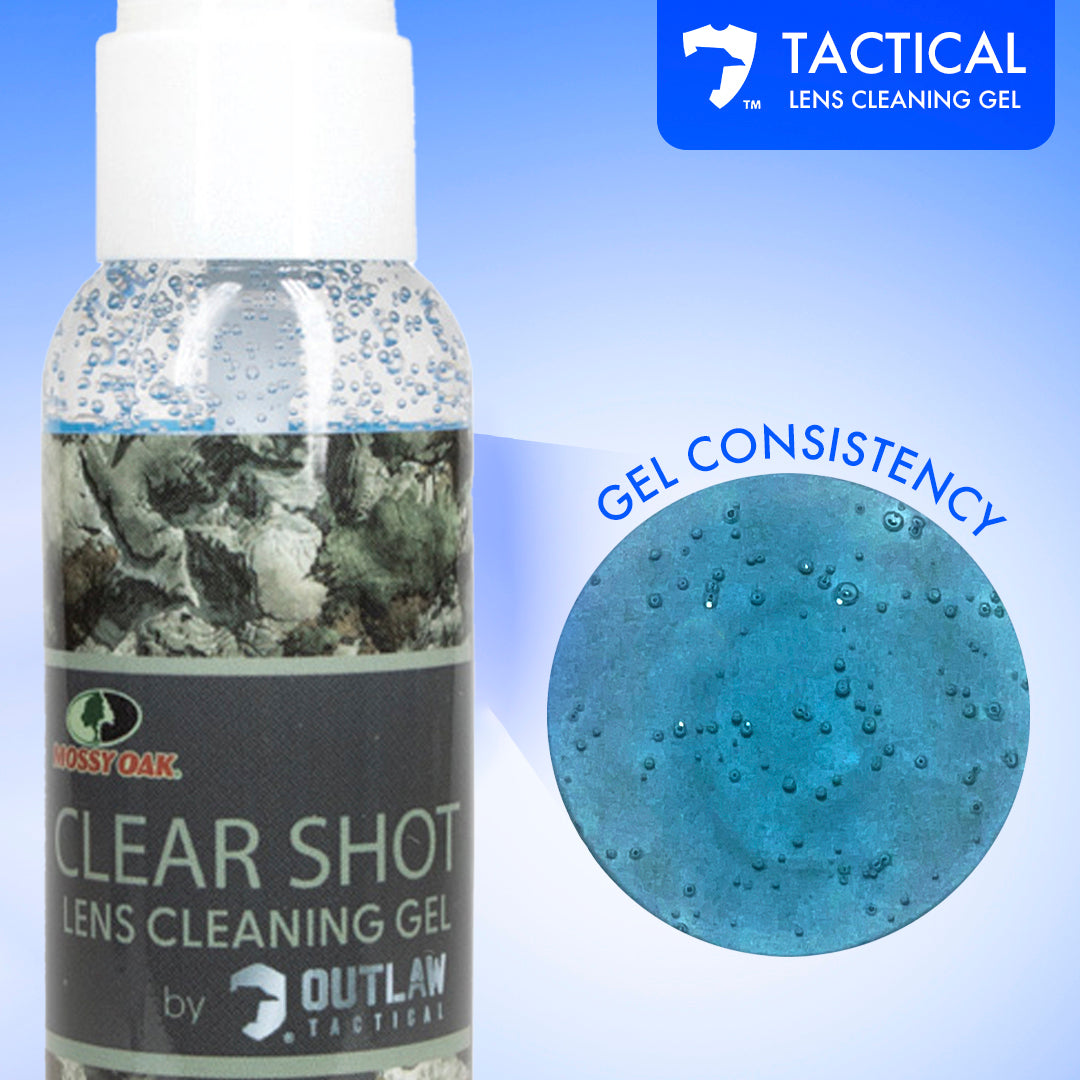 OutLaw Eyewear Mossy Oak ClearShot lens cleaner spray and anti-fog solution with infographic showing usage and benefits.