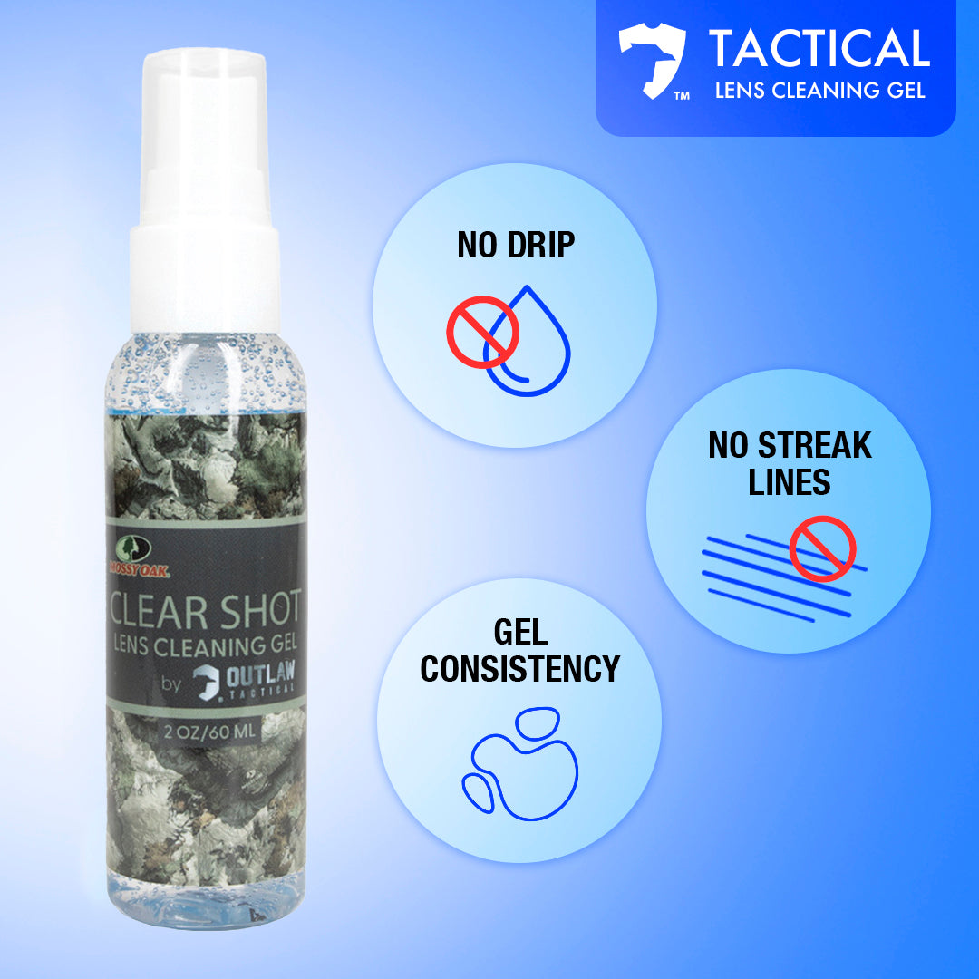 Infographic showing OutLaw Eyewear Mossy Oak ClearShot lens cleaner spray and anti-fog solution for glasses and goggles.