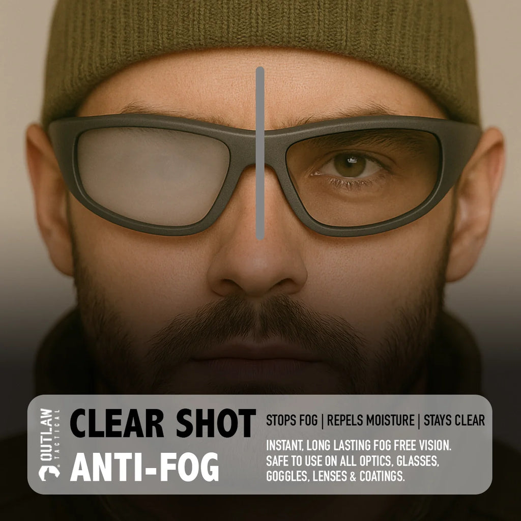 OutLaw Eyewear Mossy Oak ClearShot lens cleaner spray and anti-fog solution in a bottle with label and spray nozzle.