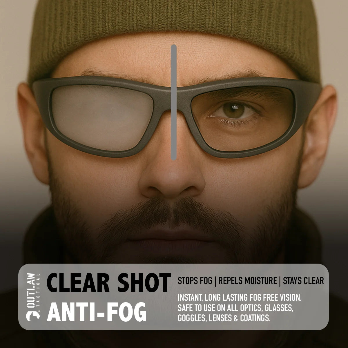 OutLaw Eyewear Mossy Oak ClearShot lens cleaner spray and anti-fog solution in a bottle with label and spray nozzle.