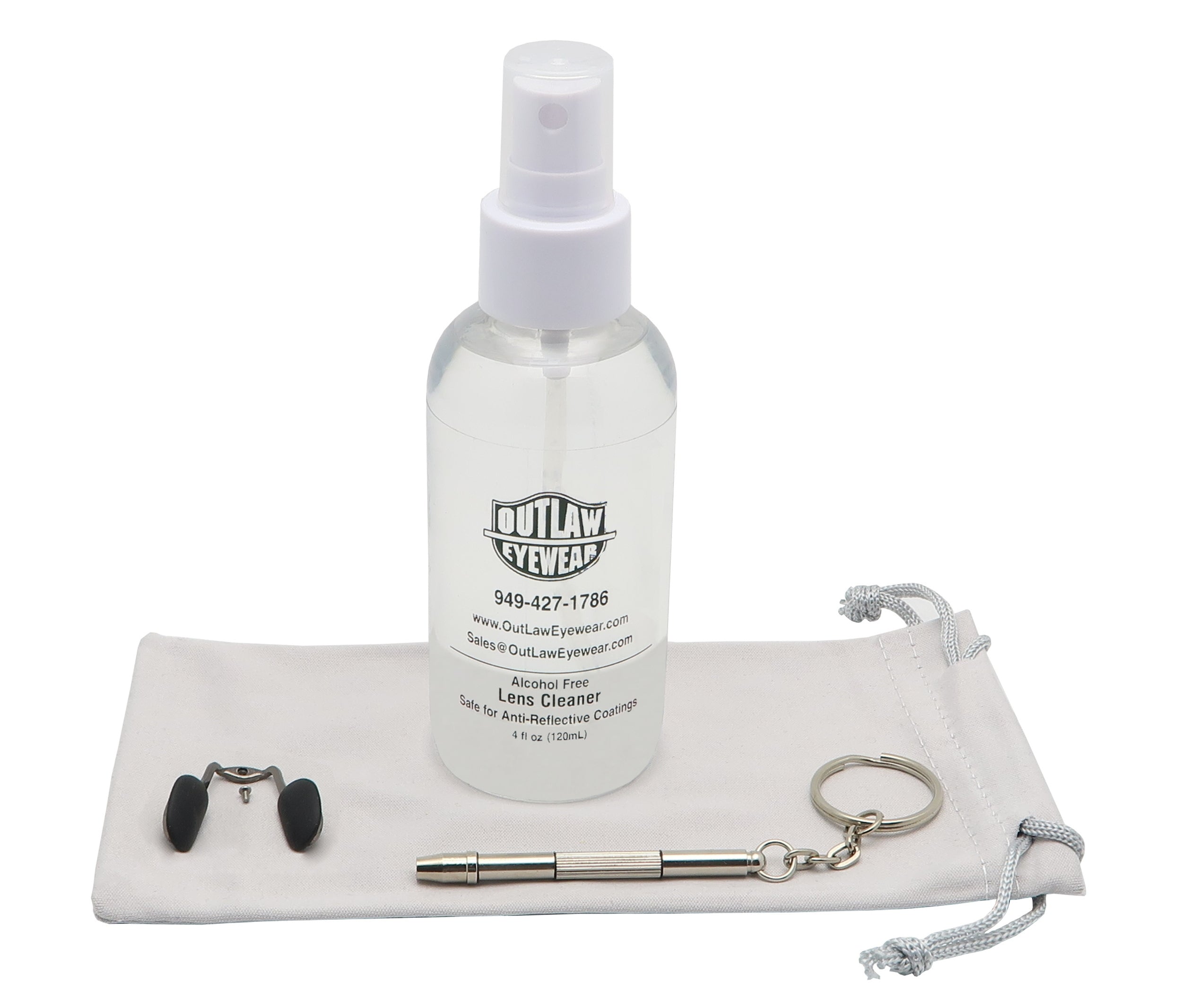 OutLaw Eyewear sunglass maintenance and cleaning deployment kit with cleaning cloth and solution for eyewear care.