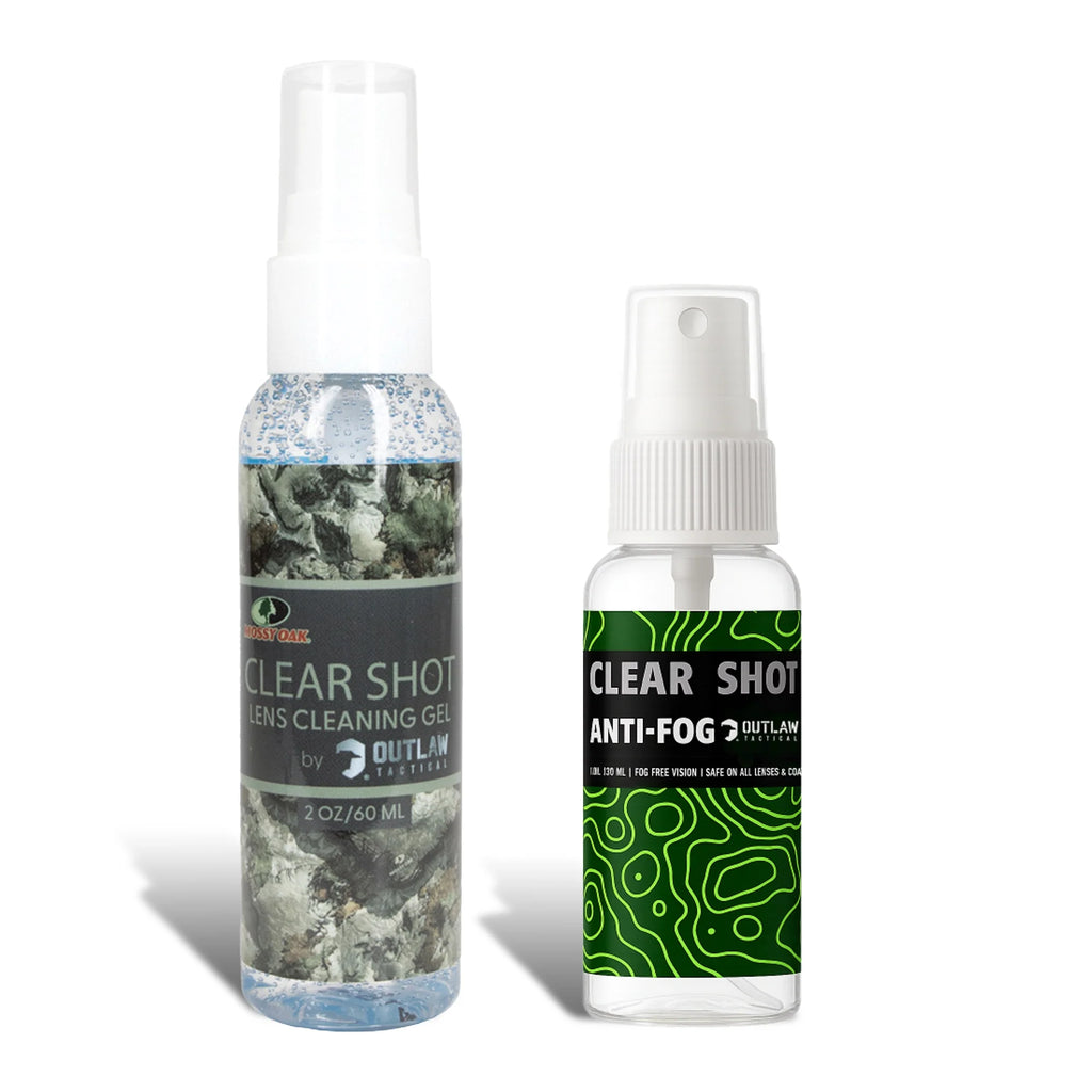 OutLaw Eyewear Mossy Oak ClearShot lens cleaner spray and anti-fog solution bottle with spray nozzle.