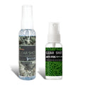OutLaw Eyewear Mossy Oak ClearShot lens cleaner spray and anti-fog solution bottle with spray nozzle.