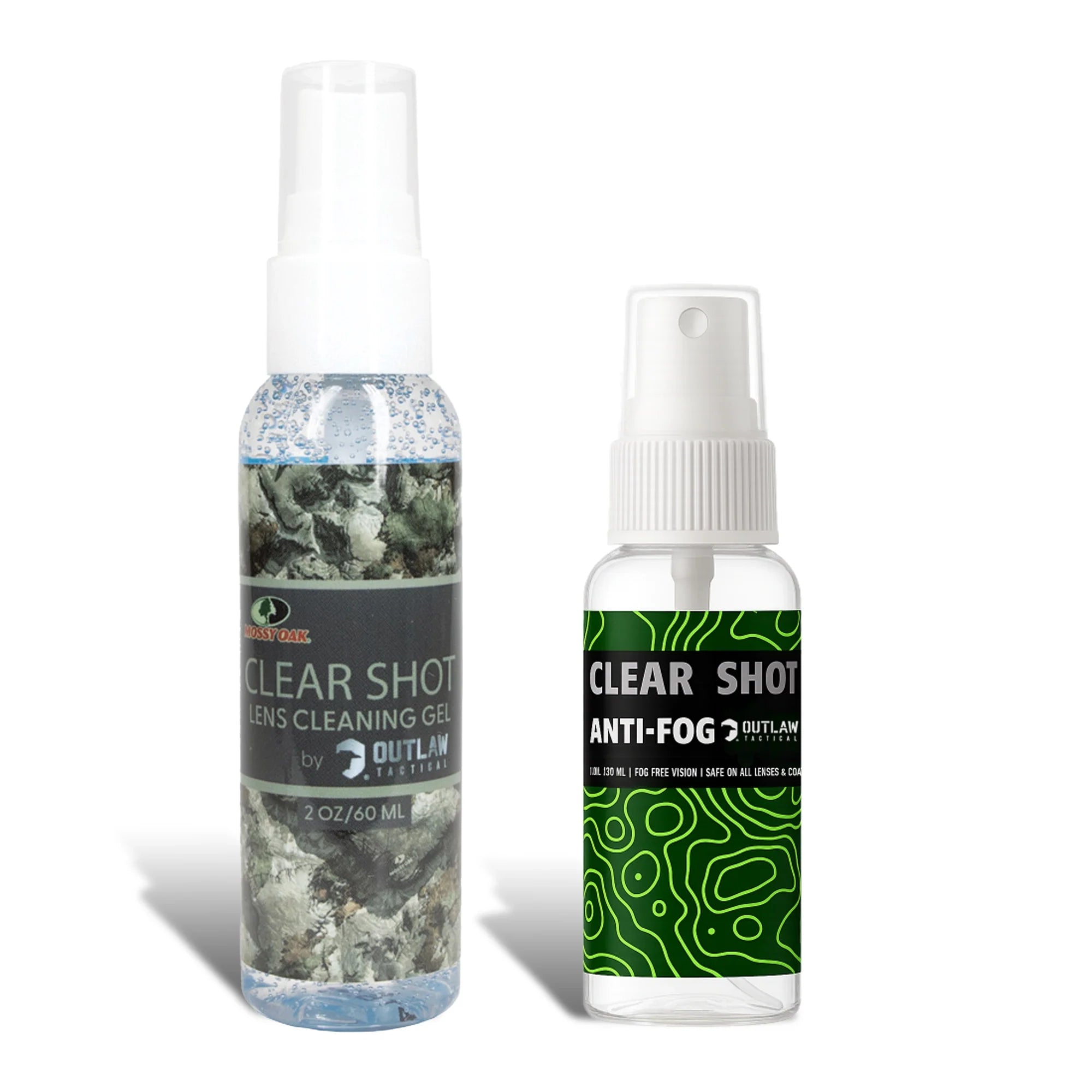 OutLaw Eyewear Mossy Oak ClearShot lens cleaner spray and anti-fog solution bottle with spray nozzle.