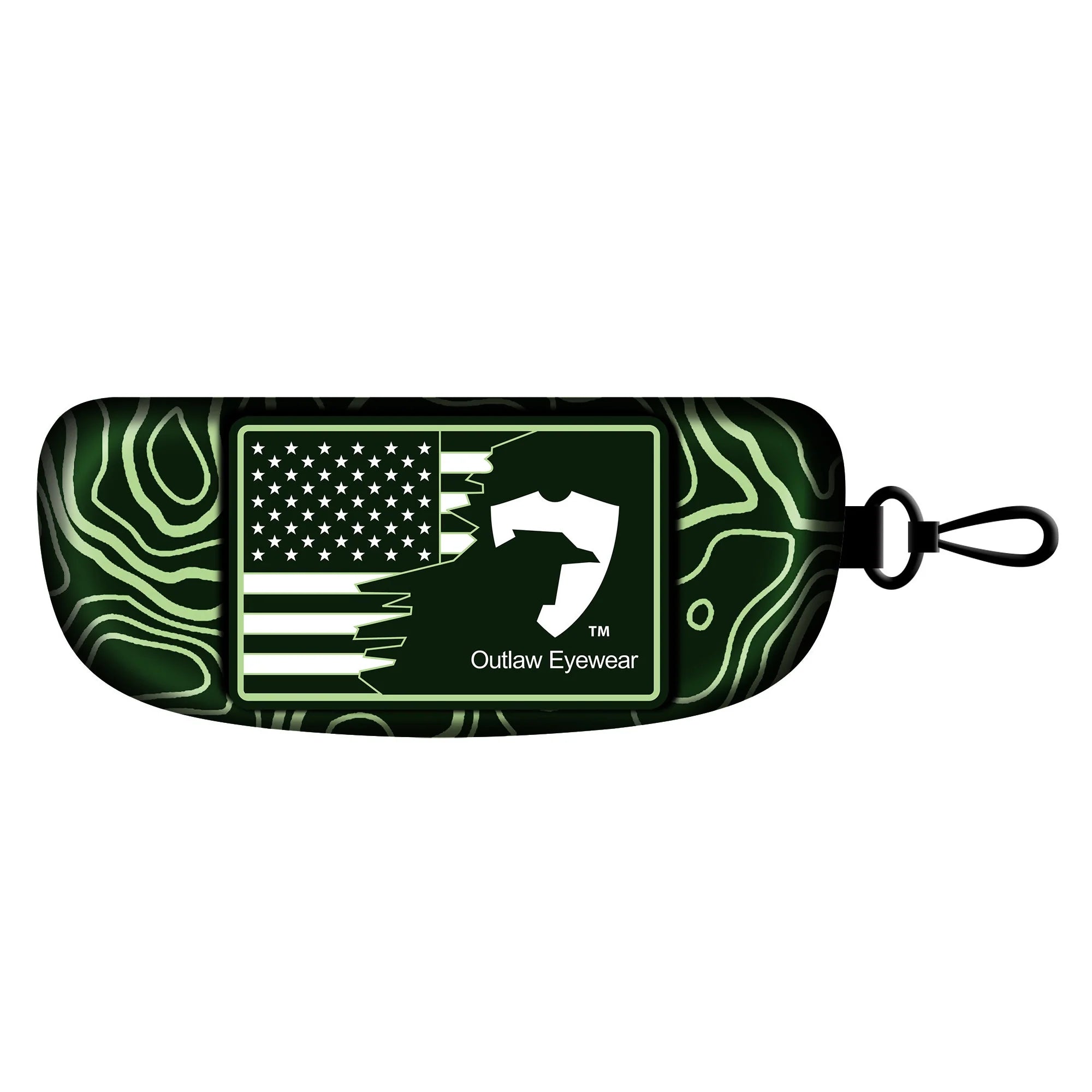 OutLaw Eyewear NVG Camo MoLLE hard shell glasses case with camouflage pattern and secure closure for glasses protection.