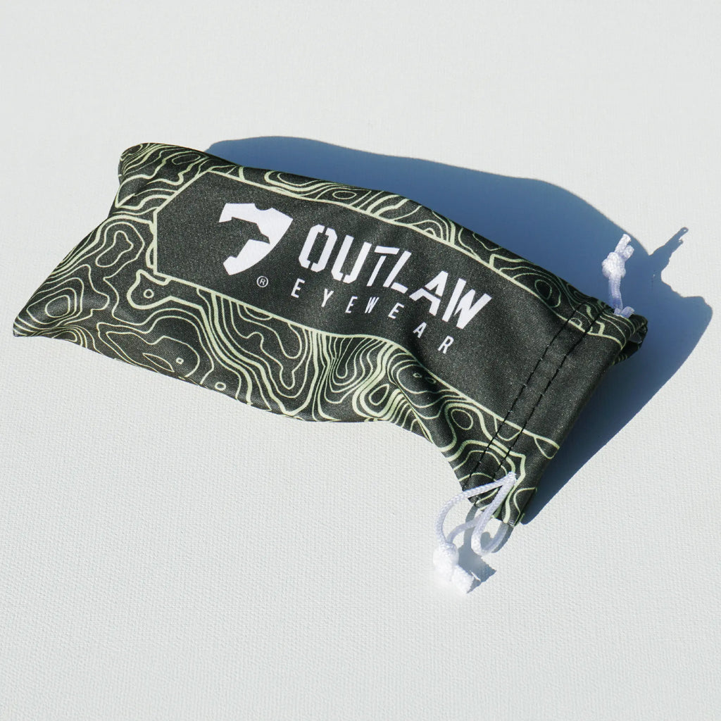 OutLaw Eyewear NVG camo glasses cleaning pouch with soft interior, designed for protecting and cleaning eyewear accessories.