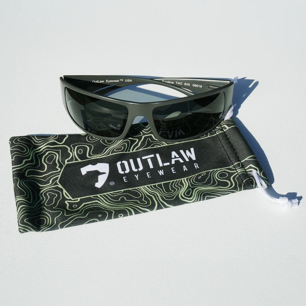 OutLaw Eyewear NVG camouflage glasses cleaning pouch with soft interior, designed for safe storage and cleaning of eyewear.
