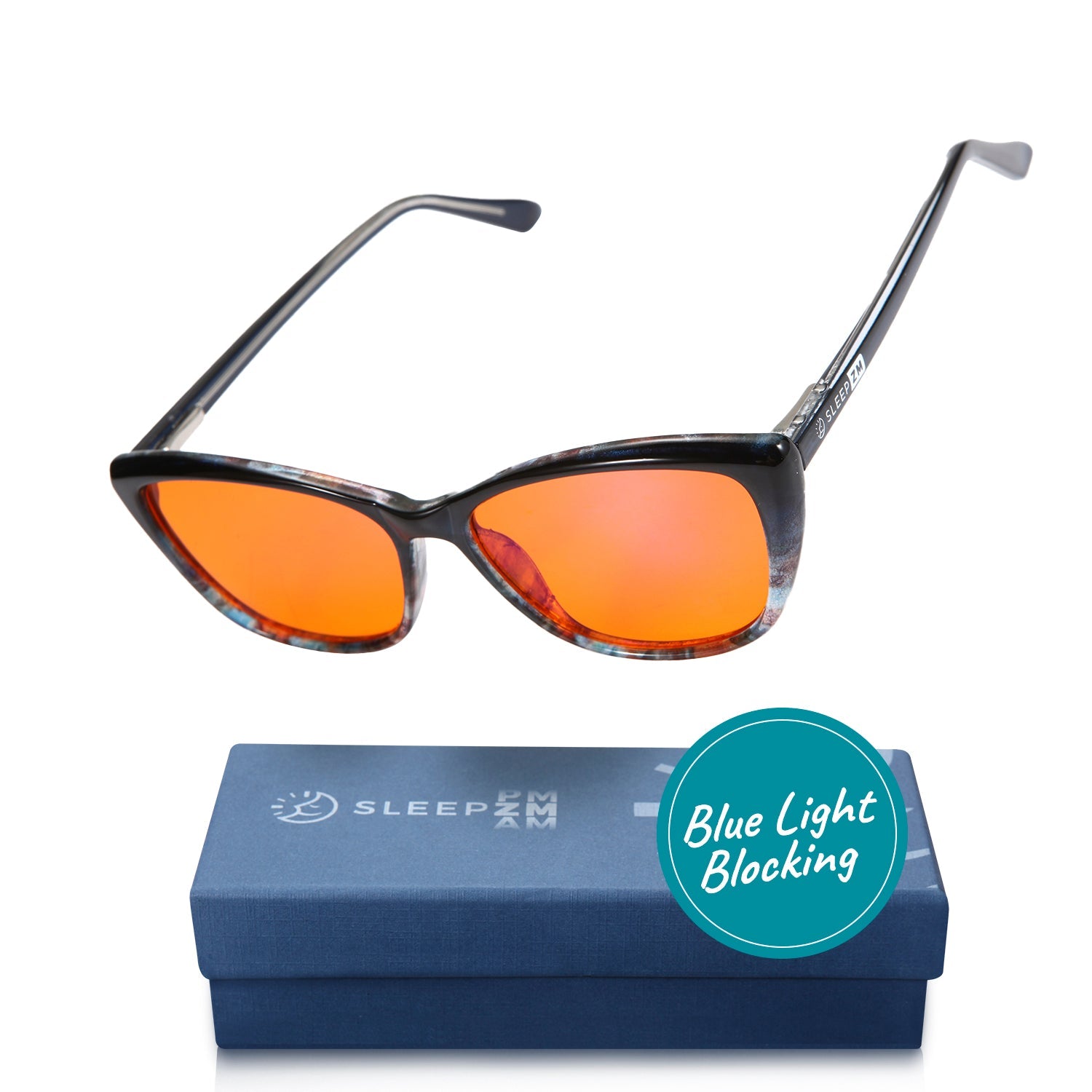 Blue Light Glasses by Sleep ZM, Mystic Blue night-time light blocking glasses with blue frames, designed to reduce eye strain in low light.