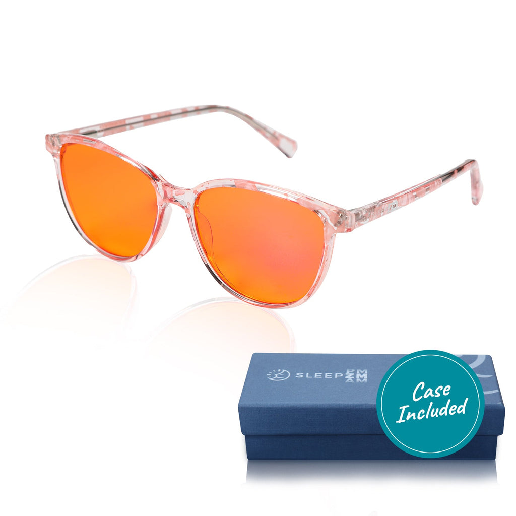 Pink Warrior night-time wayfarer blue light blocking glasses by Sleep ZM, designed to reduce eye strain from screen use at night.
