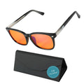 Blue Light Glasses by Sleep ZM, night-time premium Wayfarer style with black frame and leather case, designed to reduce blue light exposure.