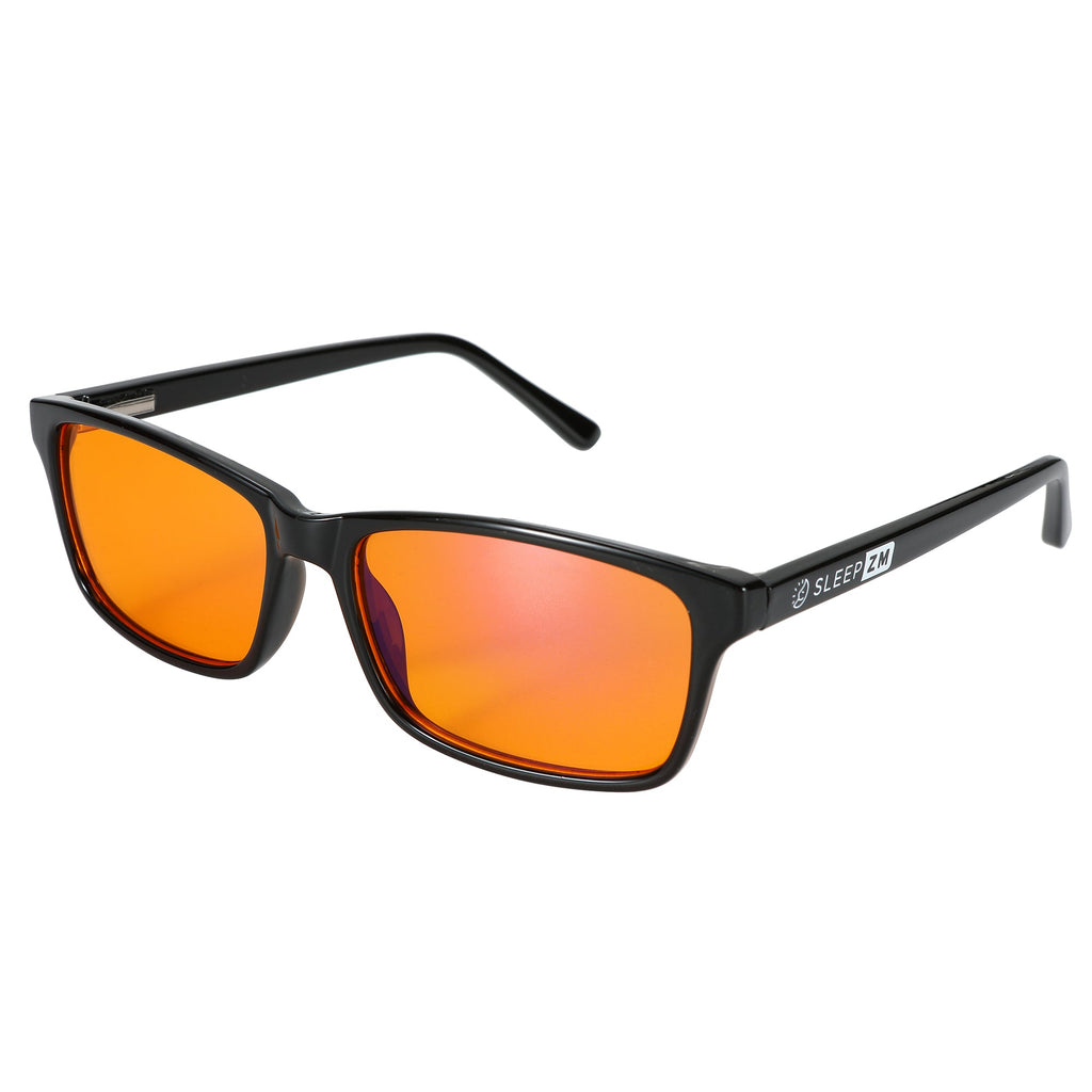 Black rectangular blue light blocking glasses by Sleep ZM designed for night-time use with clear lenses for reducing digital eye strain.