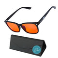 Blue Light Glasses by Sleep ZM with black wayfarer frames and leather case, designed to reduce screen eye strain.