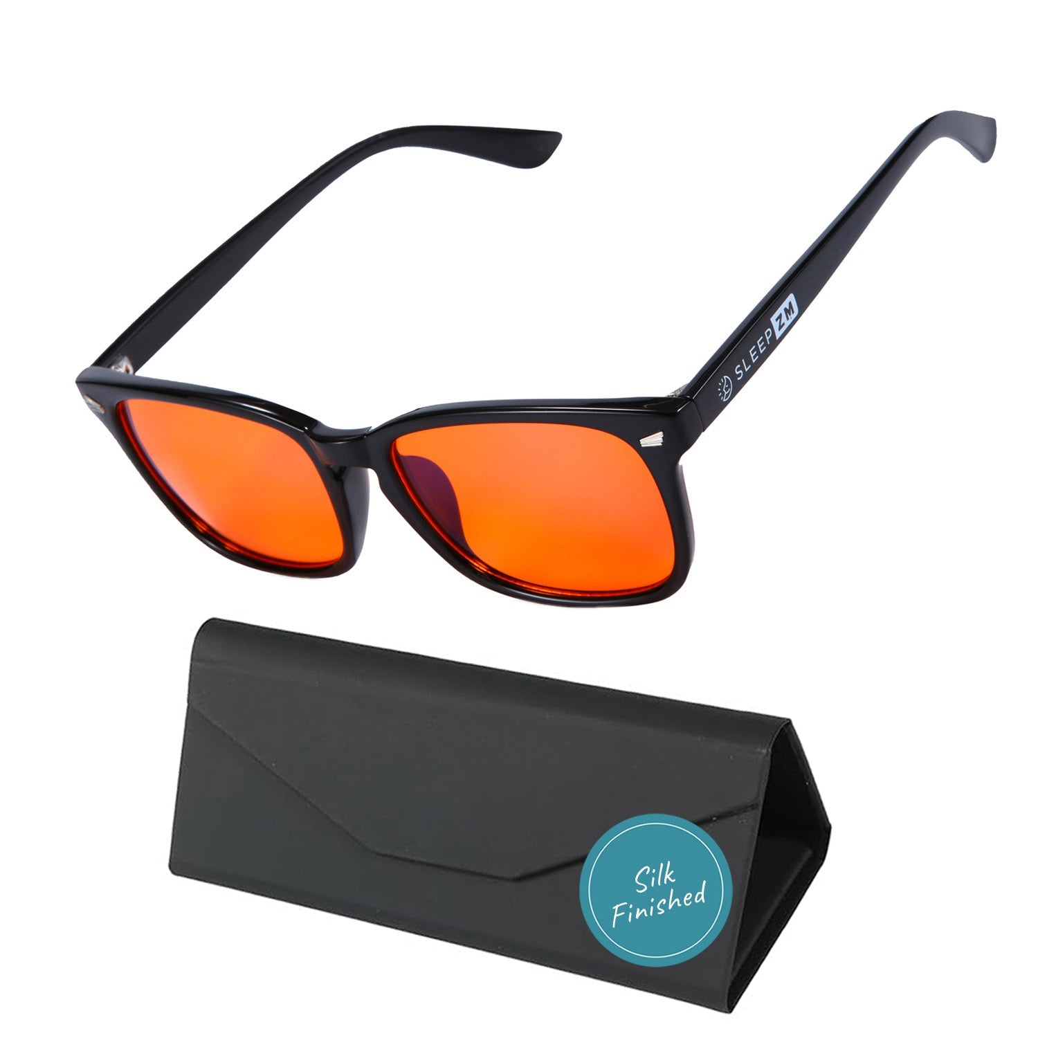 Blue Light Glasses by Sleep ZM with black wayfarer frames and leather case, designed to reduce screen eye strain.
