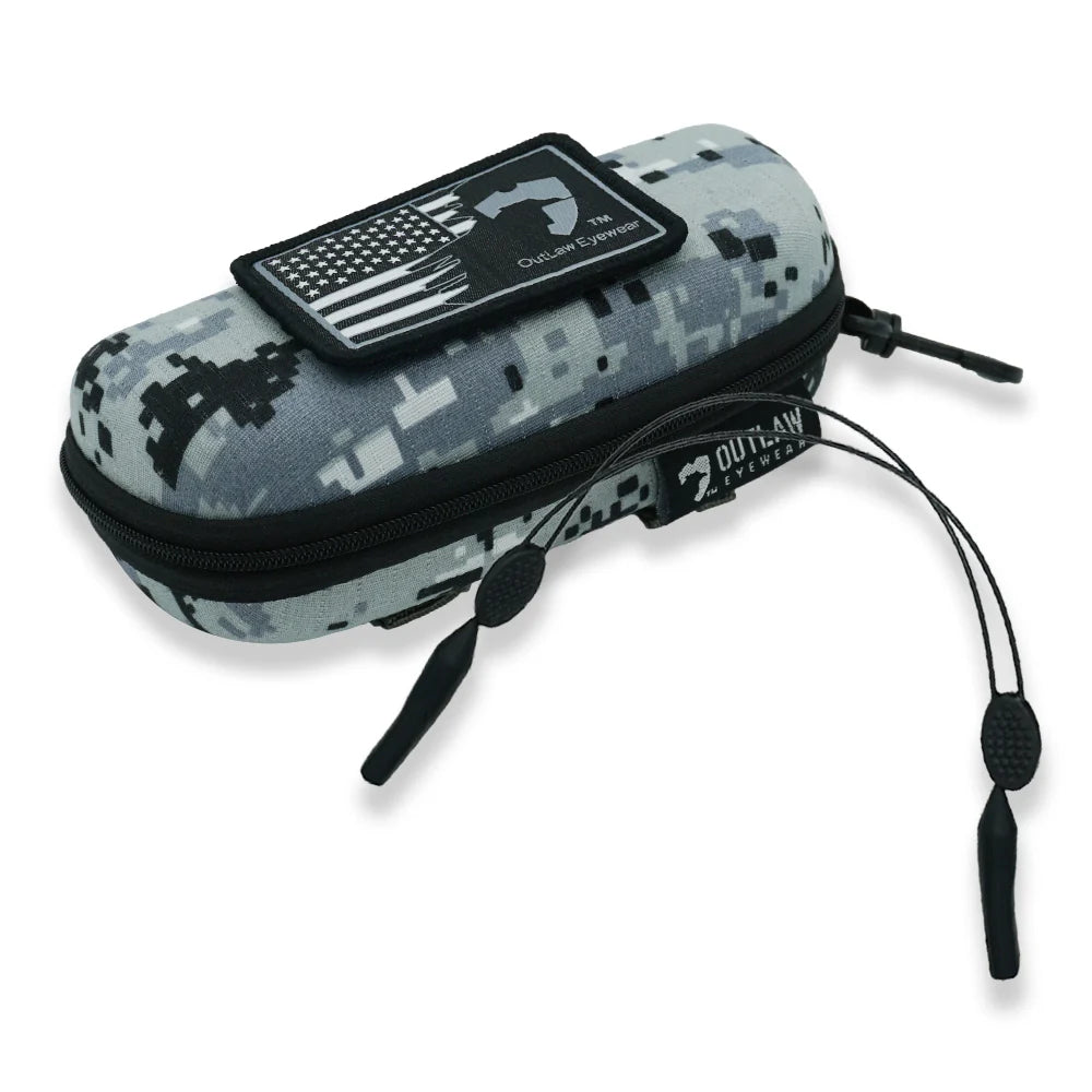 OutLaw Eyewear camo molle retaining cord with matching sunglass case for eyewear accessories.