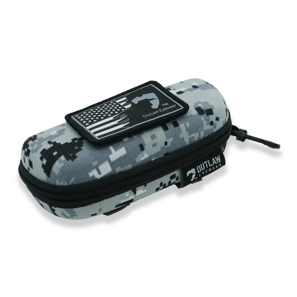 OutLaw Eyewear camo MoLLE sunglass case with retaining cord, durable hard shell for protective eyewear accessories.