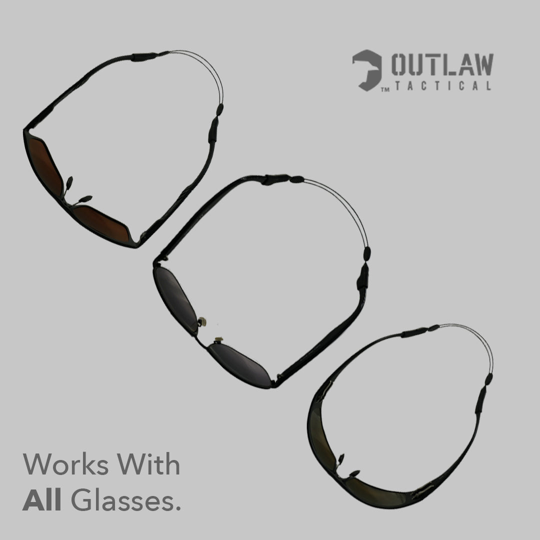 OutLaw Eyewear tactical glasses retaining cord with ear hook grips, designed to secure eyewear during active use.