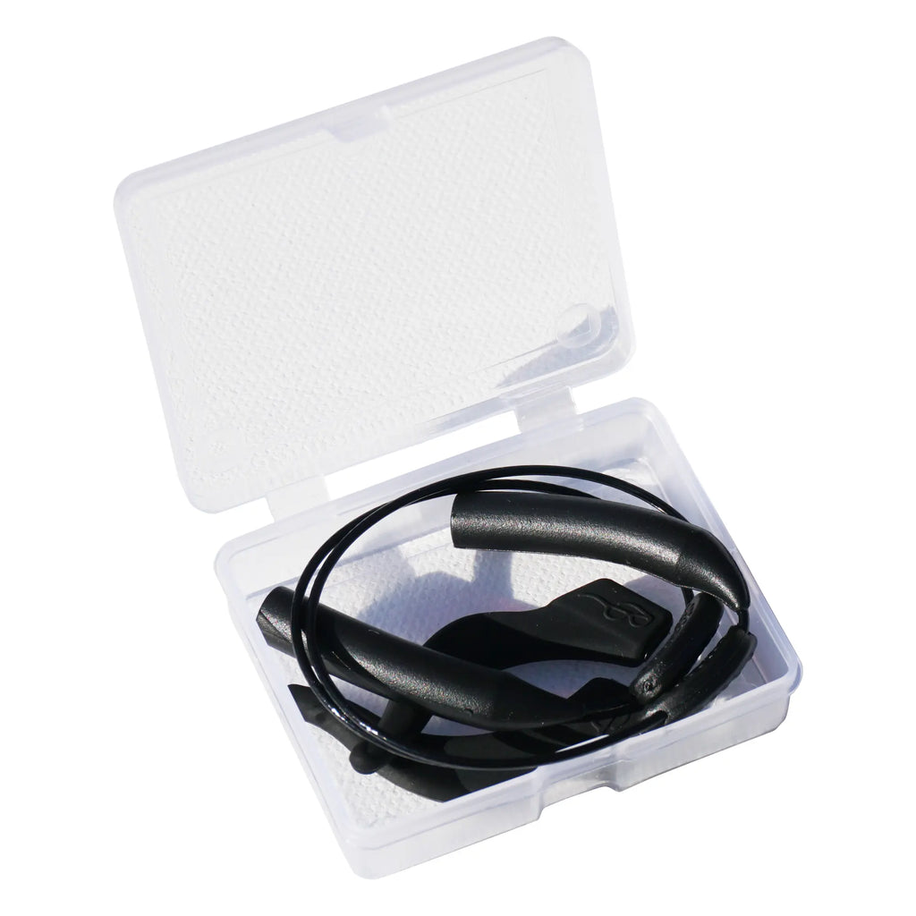 OutLaw Eyewear tactical glasses retaining cord and ear hook grips attached to eyewear, with packaging in background.