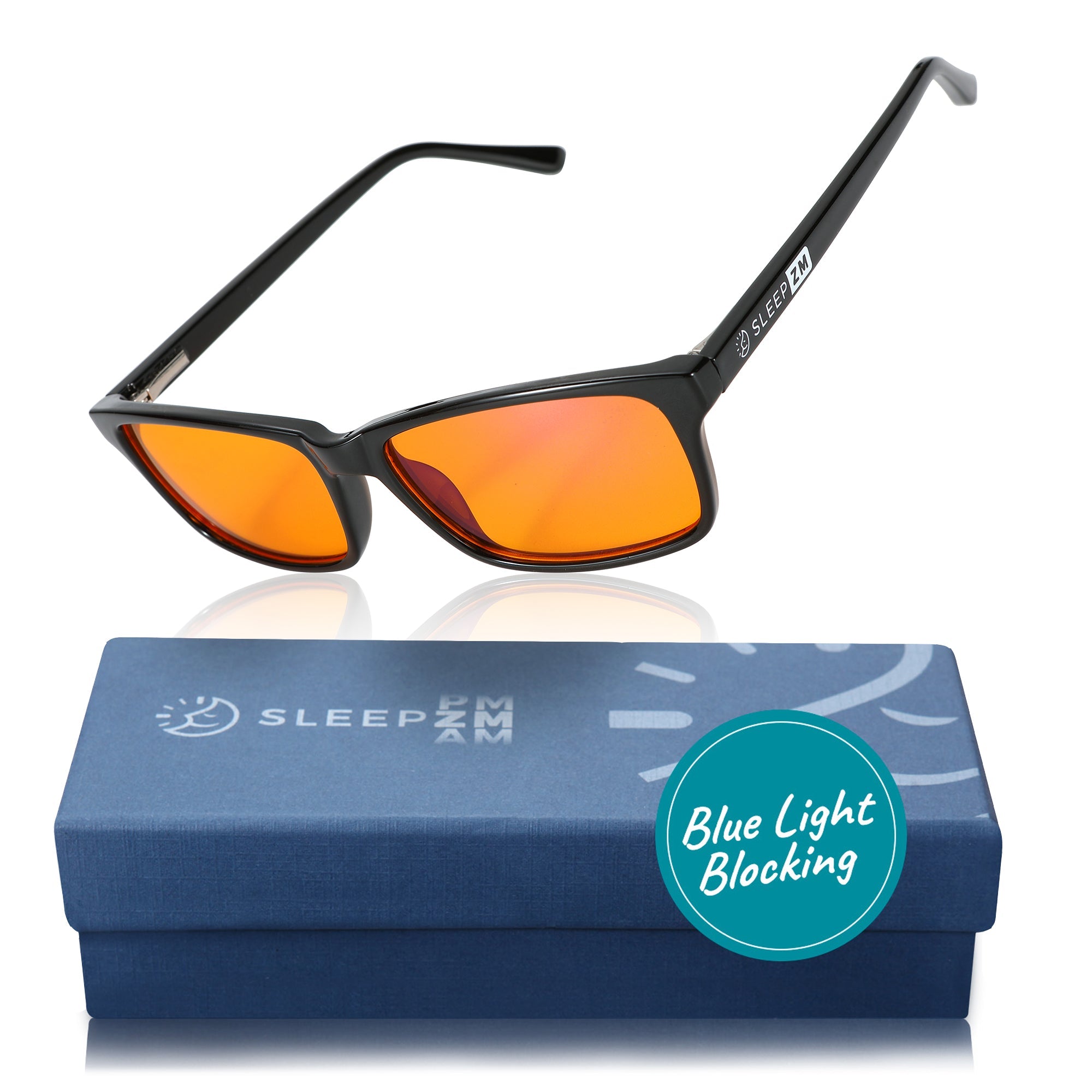 Blue Light Glasses by Sleep ZM, rectangular black frames designed for night-time use, blocking blue light and reducing eye strain.