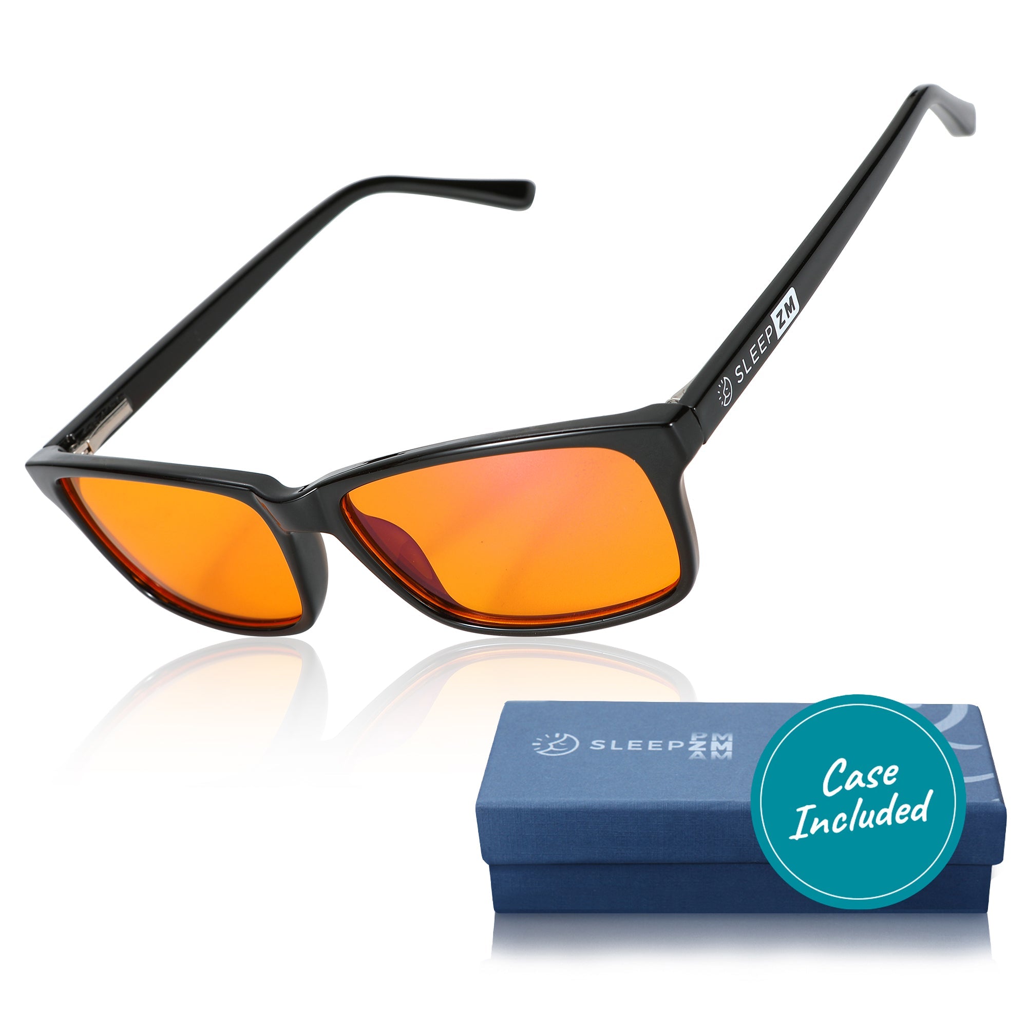Blue Light Glasses by Sleep ZM with rectangular black frames designed to block blue light during nighttime use.