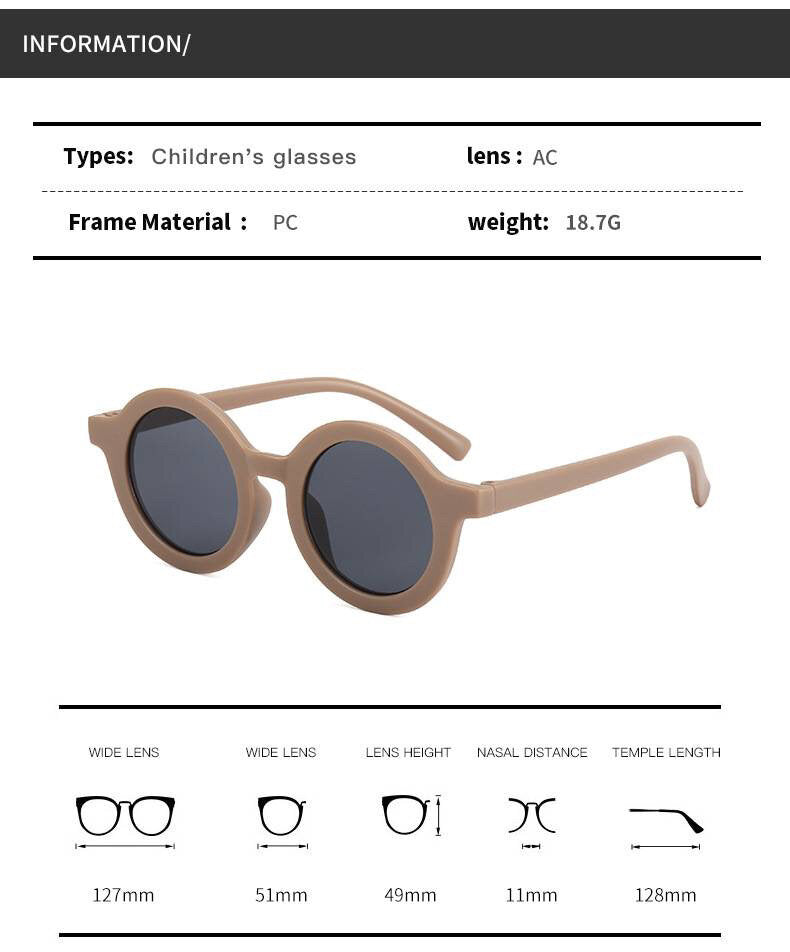 Round vintage style kids sunglasses by ozznekshoes with dark tinted lenses and retro frames.