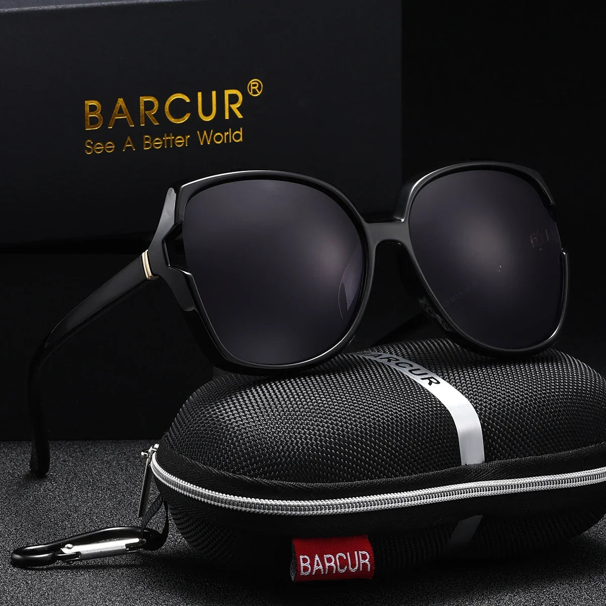 Stevvex BARCUR oversized polarized UV400 sunglasses with large black frames and tinted lenses, shown on a white background