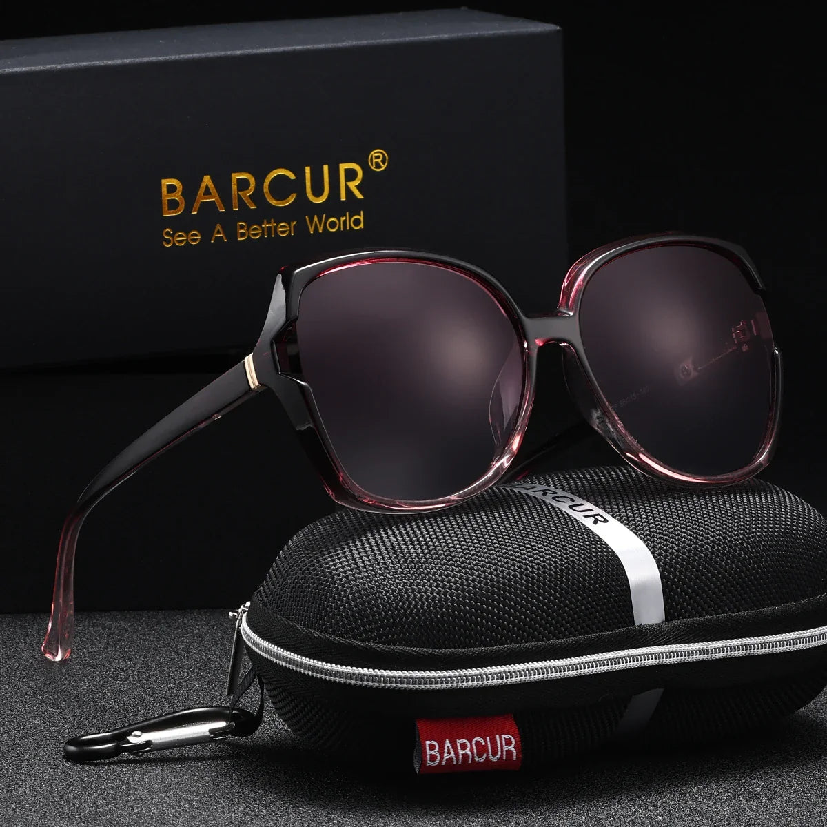 Stevvex BARCUR oversized polarized UV400 sunglasses with black frames and dark tinted lenses, stylish and protective eyewear