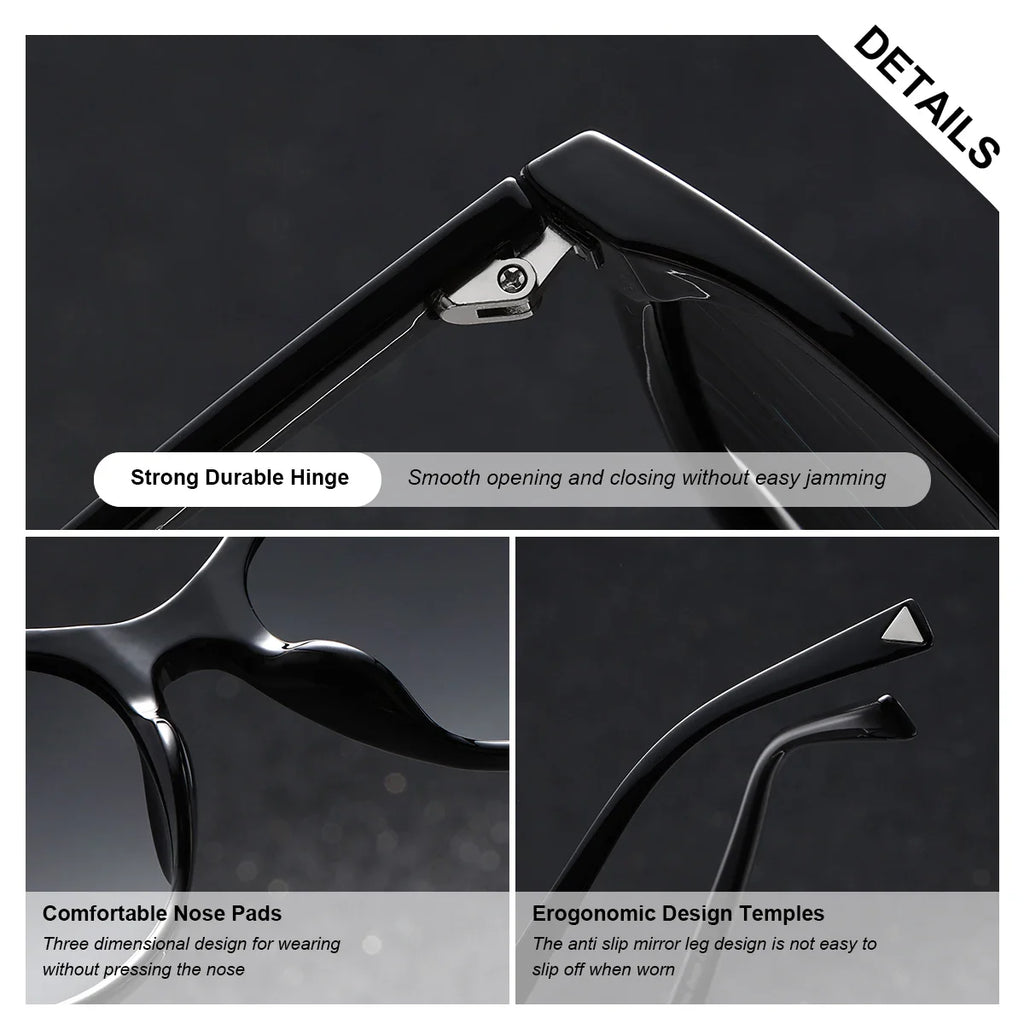 Stevvex BARCUR women’s transparent cat eye polarized UV400 sunglasses with clear frames and dark tinted lenses.