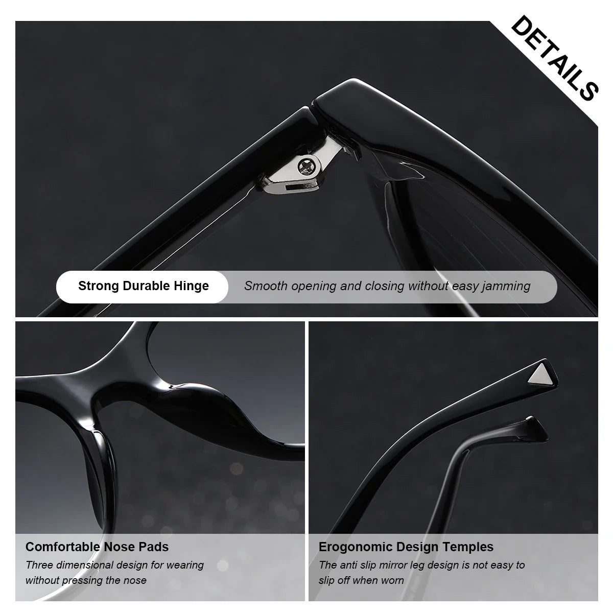 Stevvex BARCUR women’s transparent cat eye polarized UV400 sunglasses with clear frames and dark tinted lenses.