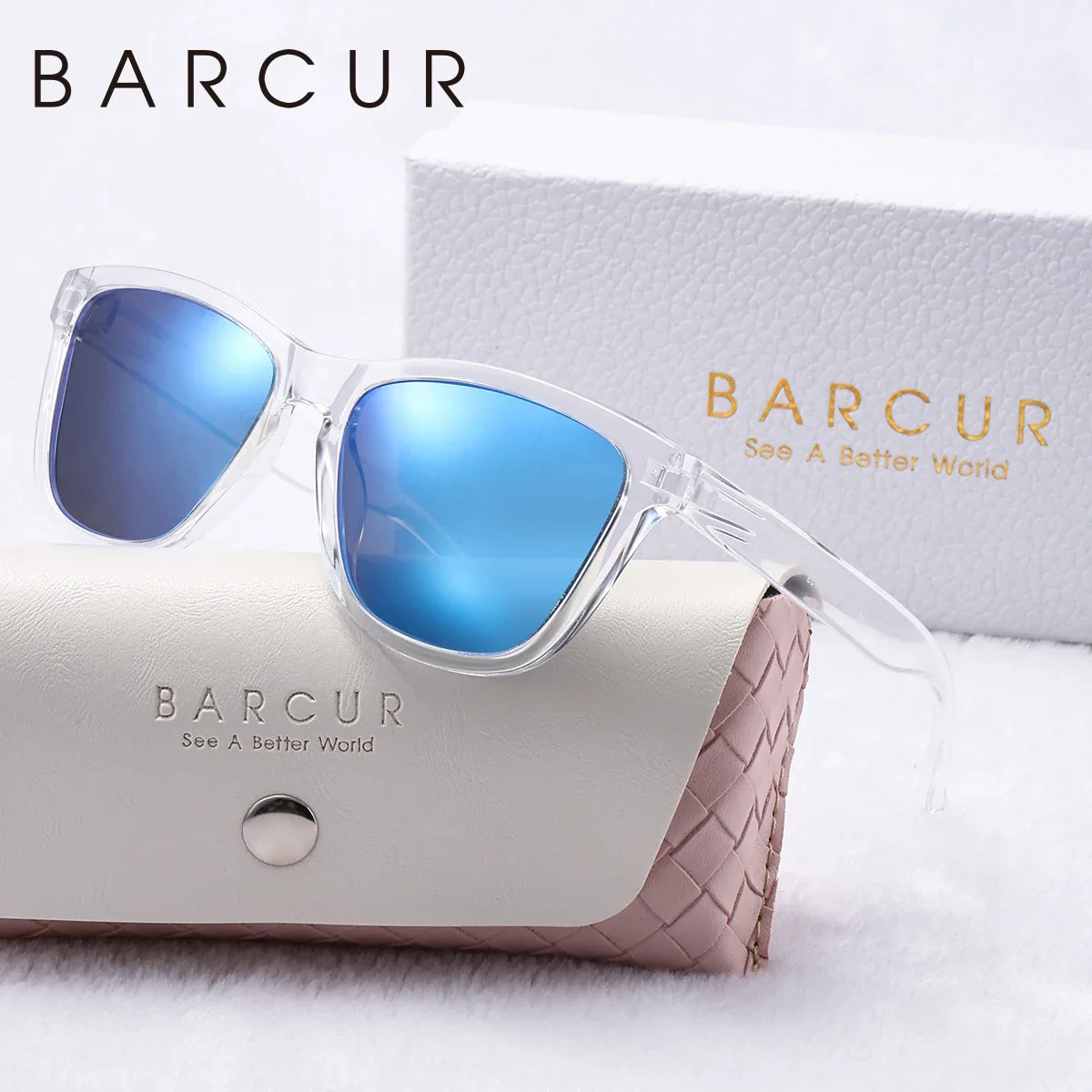 Stevvex BARCUR fashion transparent polarized UV400 sunglasses with clear frames and tinted lenses on a white background.
