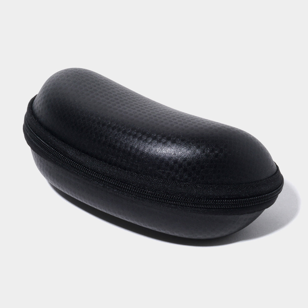 Black Madeline Love sunglasses case for eyewear accessories, padded and zippered for protection and convenient storage.