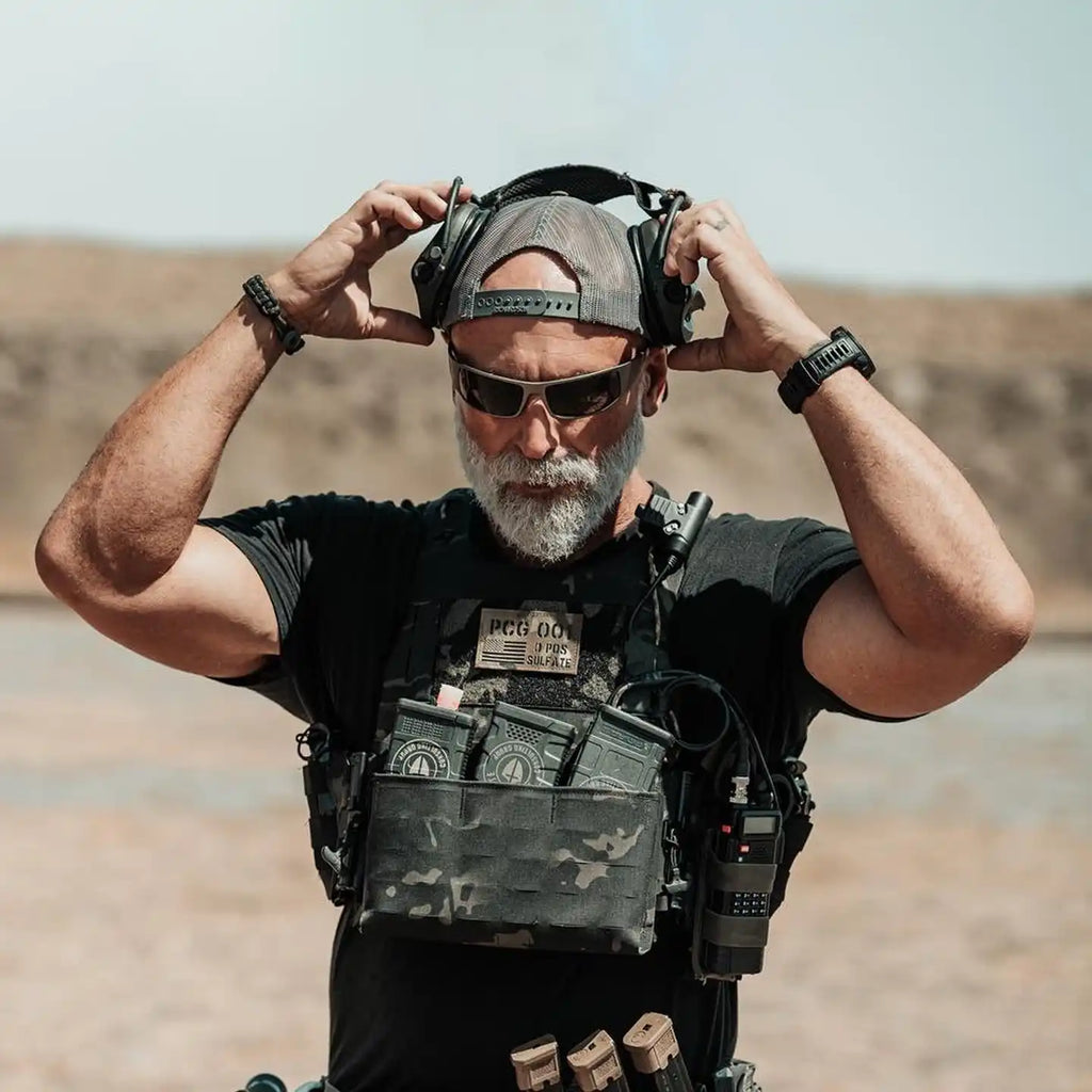 OutLaw Eyewear Fugitive TAC brushed gunmetal sunglasses with polarized lenses and ANSI Z87.1-2015 safety certification.