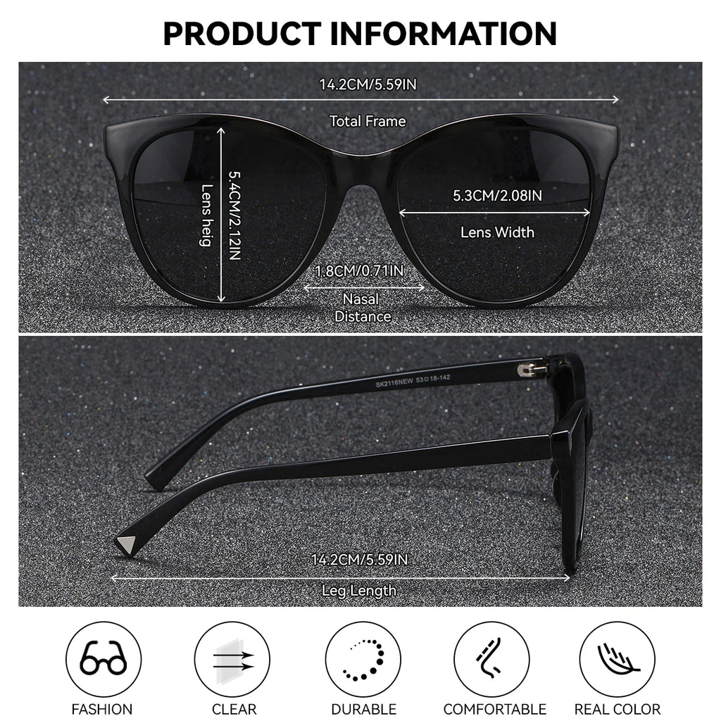 Stevvex BARCUR women’s transparent cat eye polarized sunglasses with UV400 protection, showcasing stylish frame and tinted lenses.