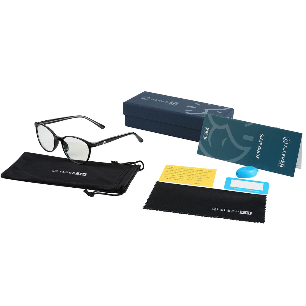 Blue Light Glasses for kids by Sleep ZM, Taylor Kids model, black frame, designed to block blue light, shown on a white background.