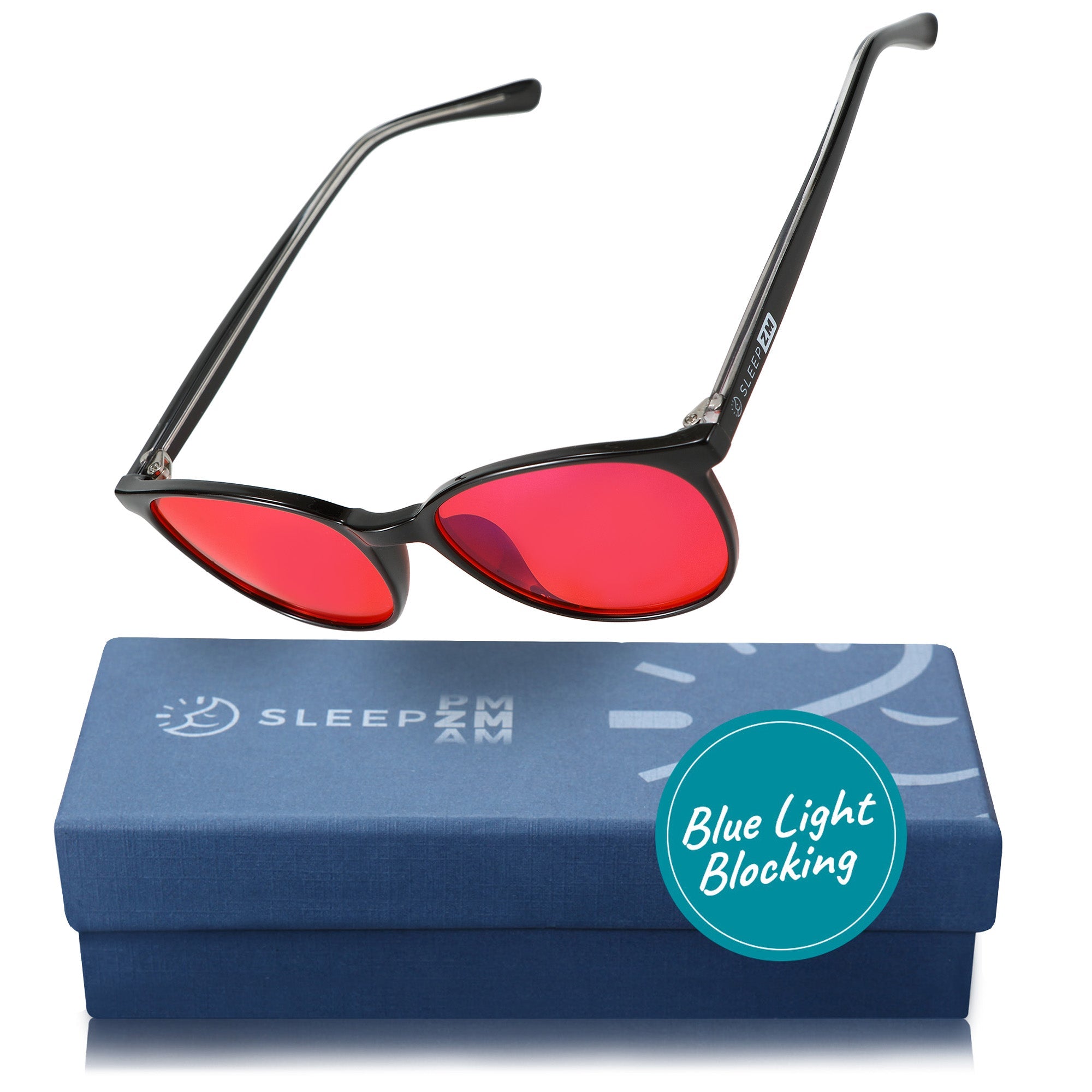 Blue Light Glasses by Sleep ZM for kids, featuring black frames and red-tinted lenses designed to block blue light during nighttime.