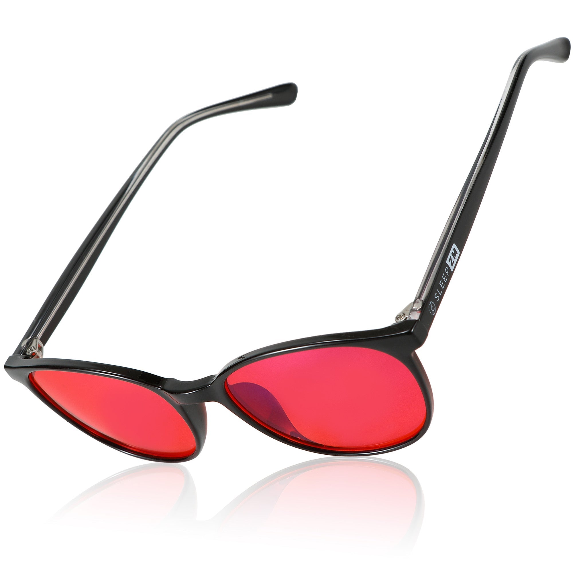 Blue light blocking glasses for kids by Sleep ZM, featuring black frames and red-tinted lenses for nighttime screen use.