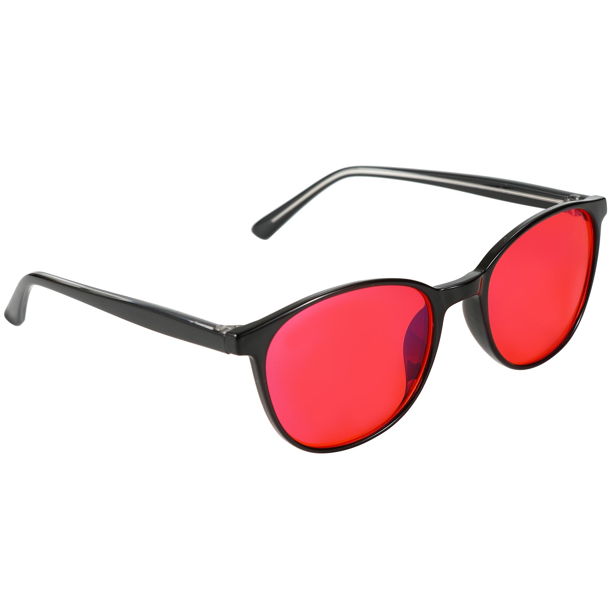 Taylor Kids blue light blocking glasses by Sleep ZM with black frame and red-tinted lenses, designed for nighttime screen use.