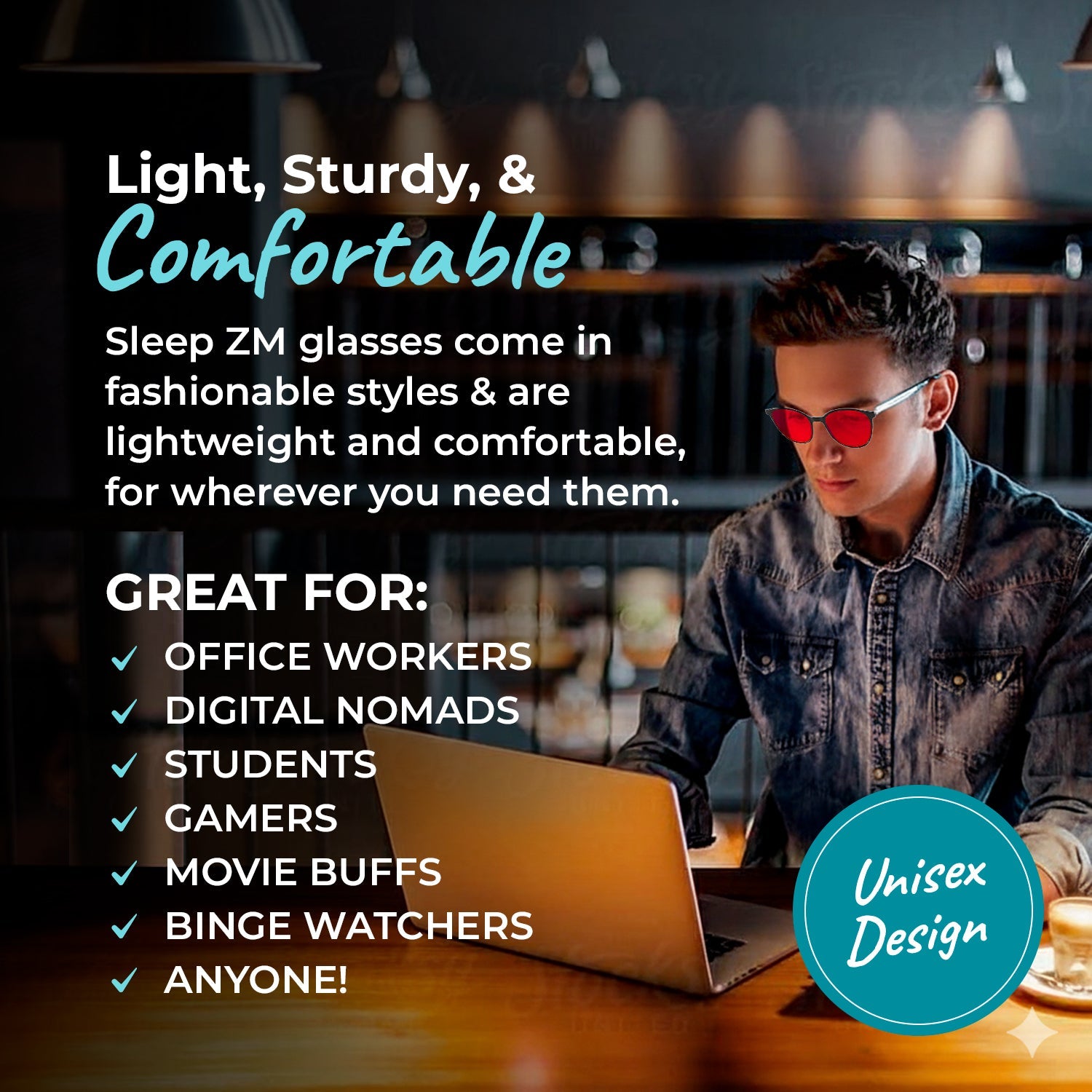 Blue Light Glasses by Sleep ZM for kids with black frames and red lenses, designed to block blue light during nighttime use.