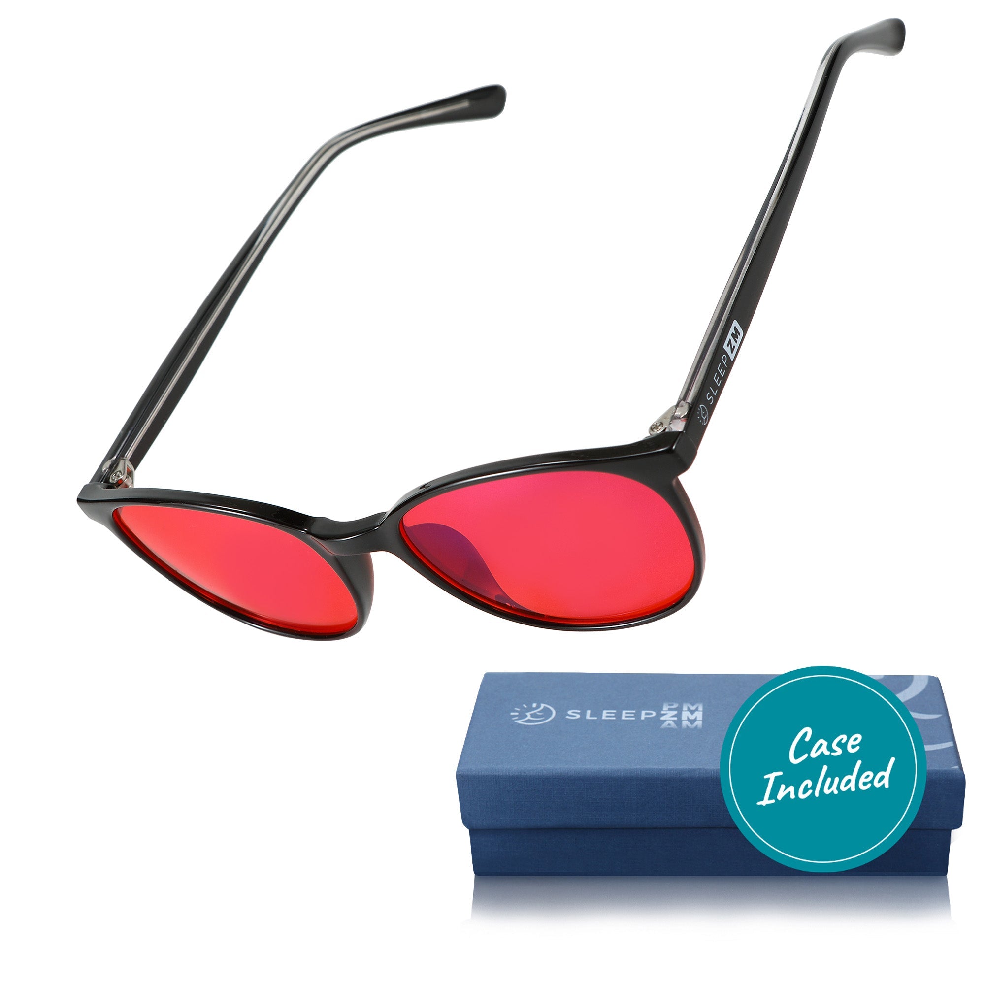 Taylor Kids blue light blocking glasses by Sleep ZM with black frames and red lenses, designed for nighttime screen protection.