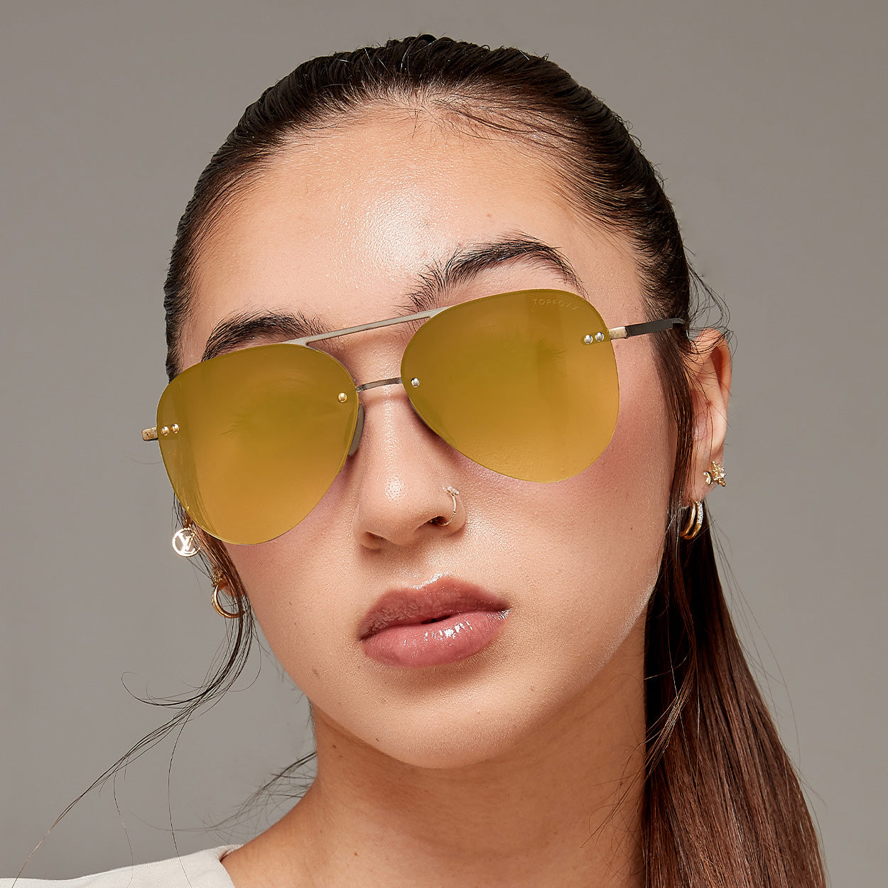 TopFoxx Smaller Megan 2 Mirrored Bronze Tangle-Free Aviator Sunglasses