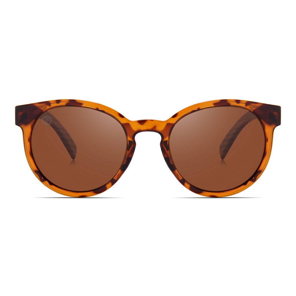 Papago Tortoise Lidos sunglasses with handmade recycled wooden frames, showcasing their stylish tortoise shell design from the front.