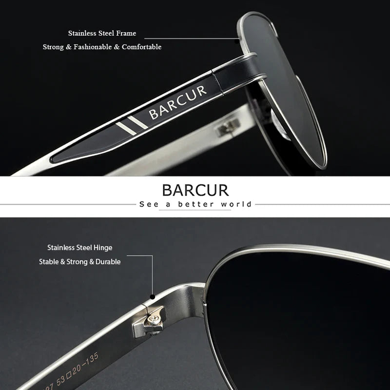 Stevvex BARCUR men's polarized UV400 sunglasses with black frame and dark tinted lenses, providing sun protection and style.