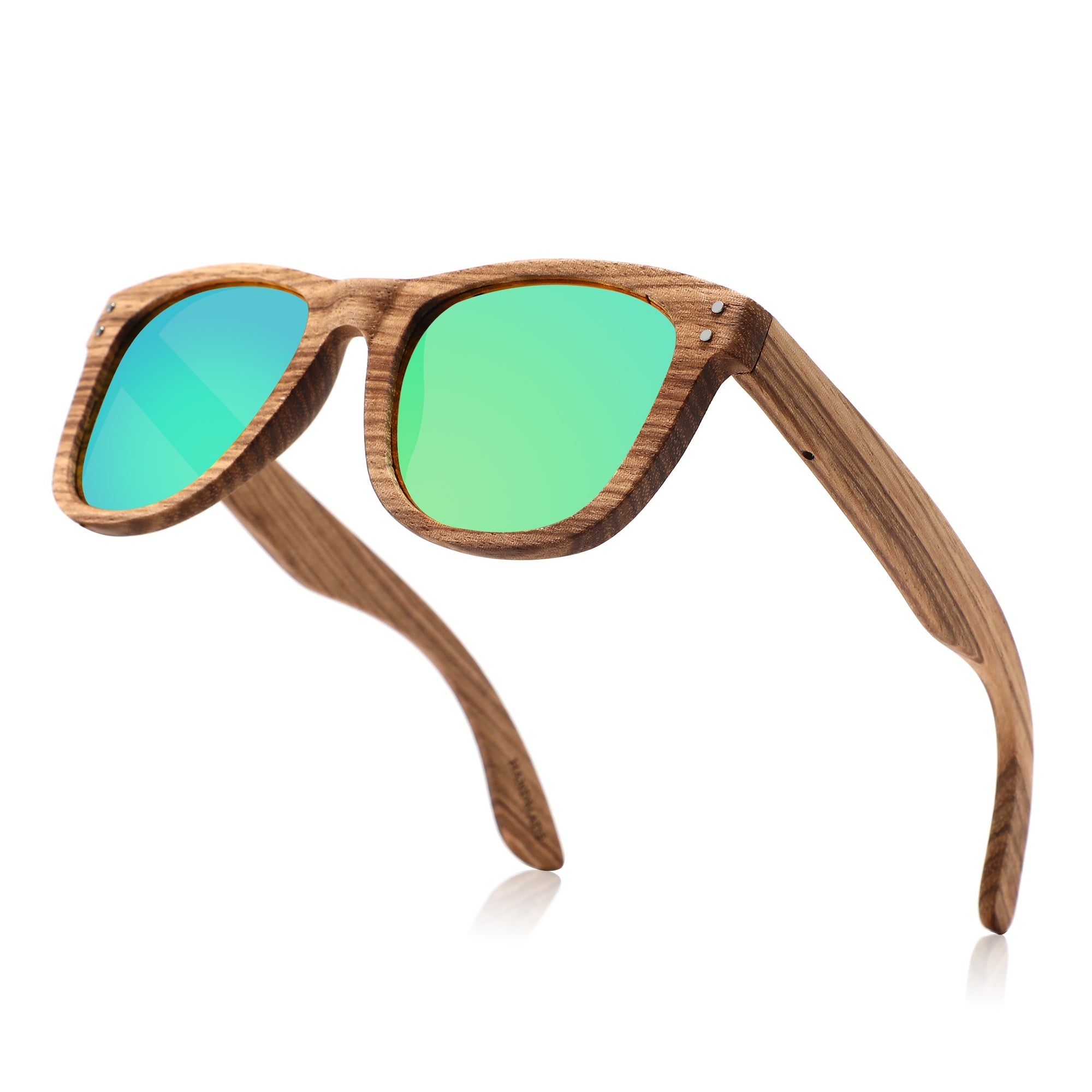 Handmade Papago Emerald Dunes sunglasses with recycled wooden frames, featuring sleek design and natural wood grain detail.