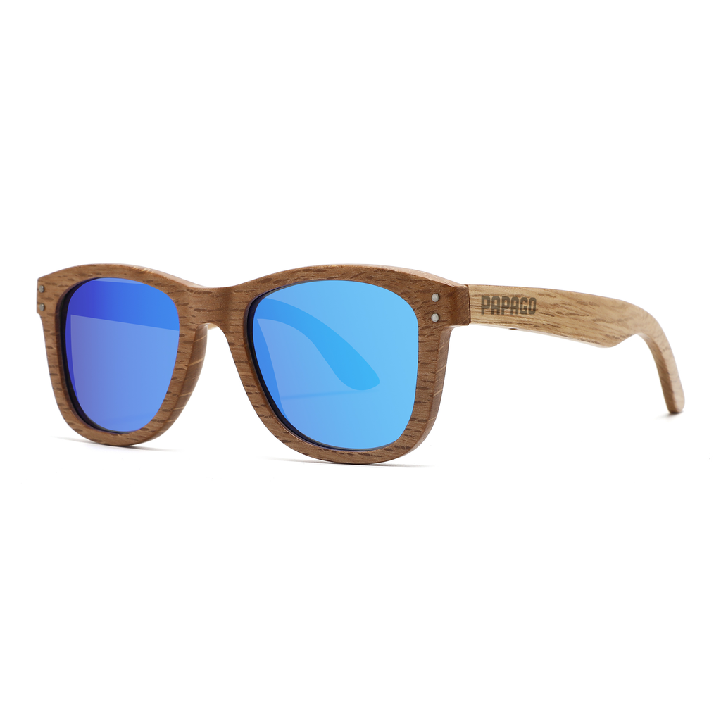 Papago Sapphire Dunes handmade recycled wooden sunglasses with dark tinted lenses and stylish frame design.