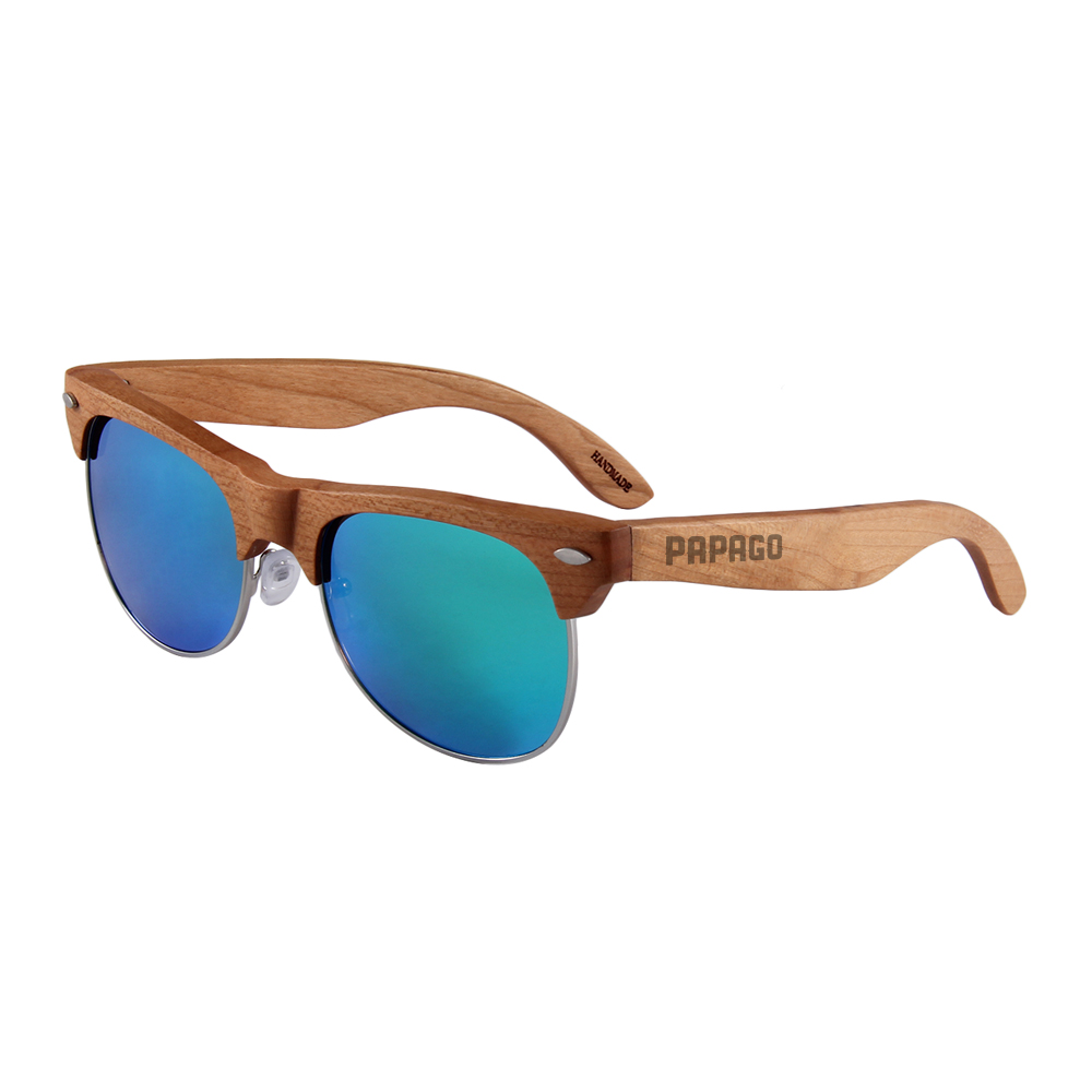 Handmade Papago turquoise canyon sunglasses with recycled wooden frames, showcasing stylish and eco-friendly eyewear.