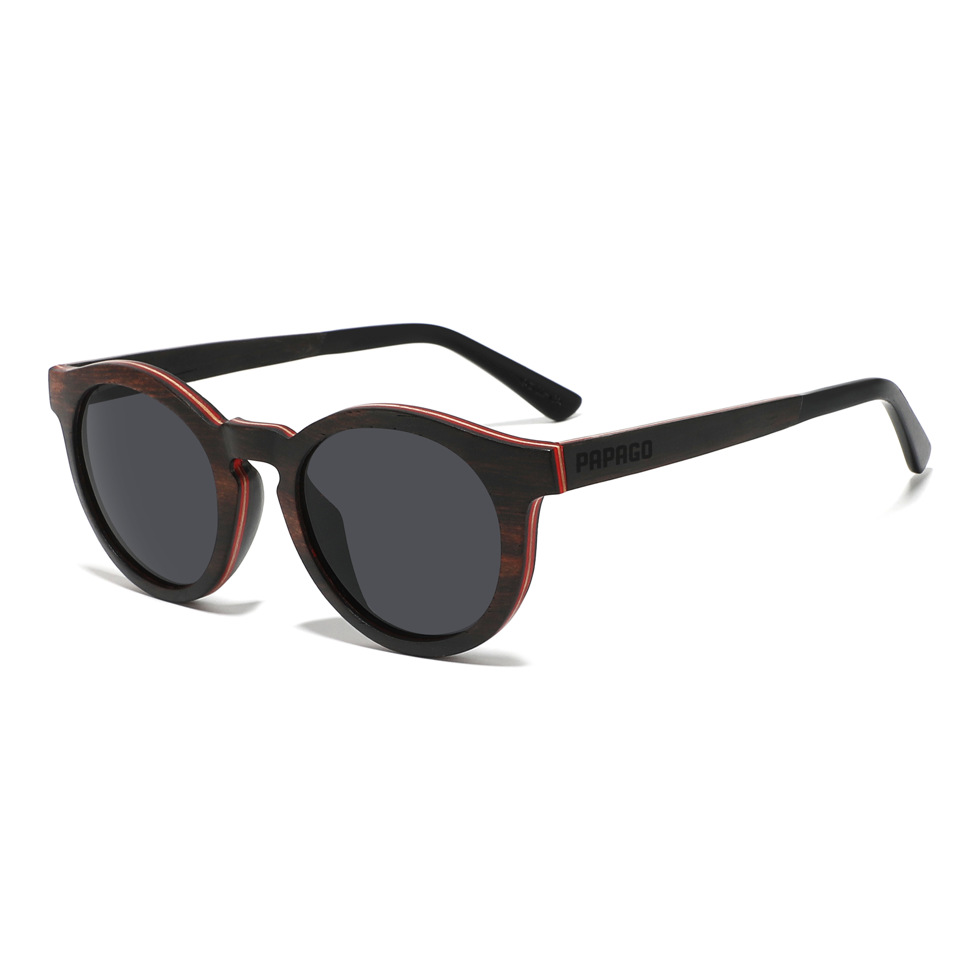 Handmade Papago Dark Roast Sonoras sunglasses with recycled wooden frames, showcasing natural wood grain and stylish design.