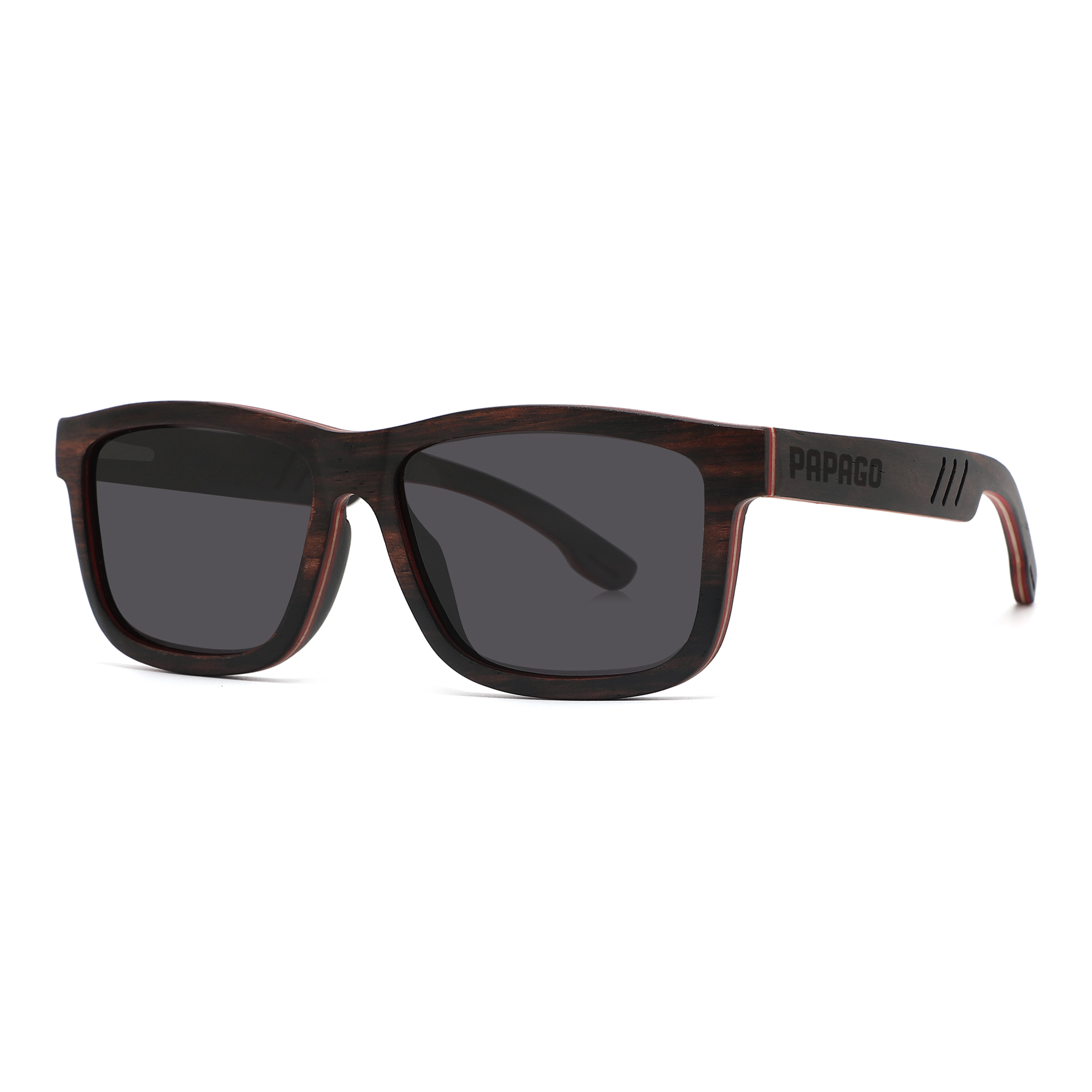 Handmade recycled wooden Twilight Del Mars sunglasses by Papago, featuring natural wood frames and stylish design.